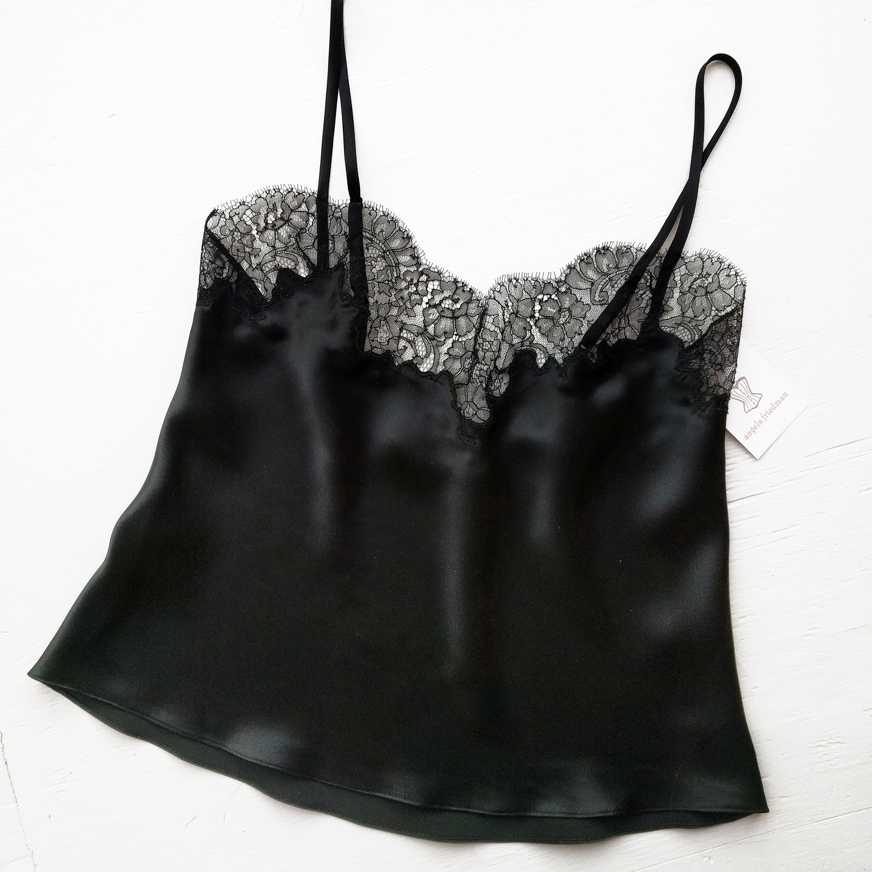 Black silk satin camisole with luxury french lace applique trim