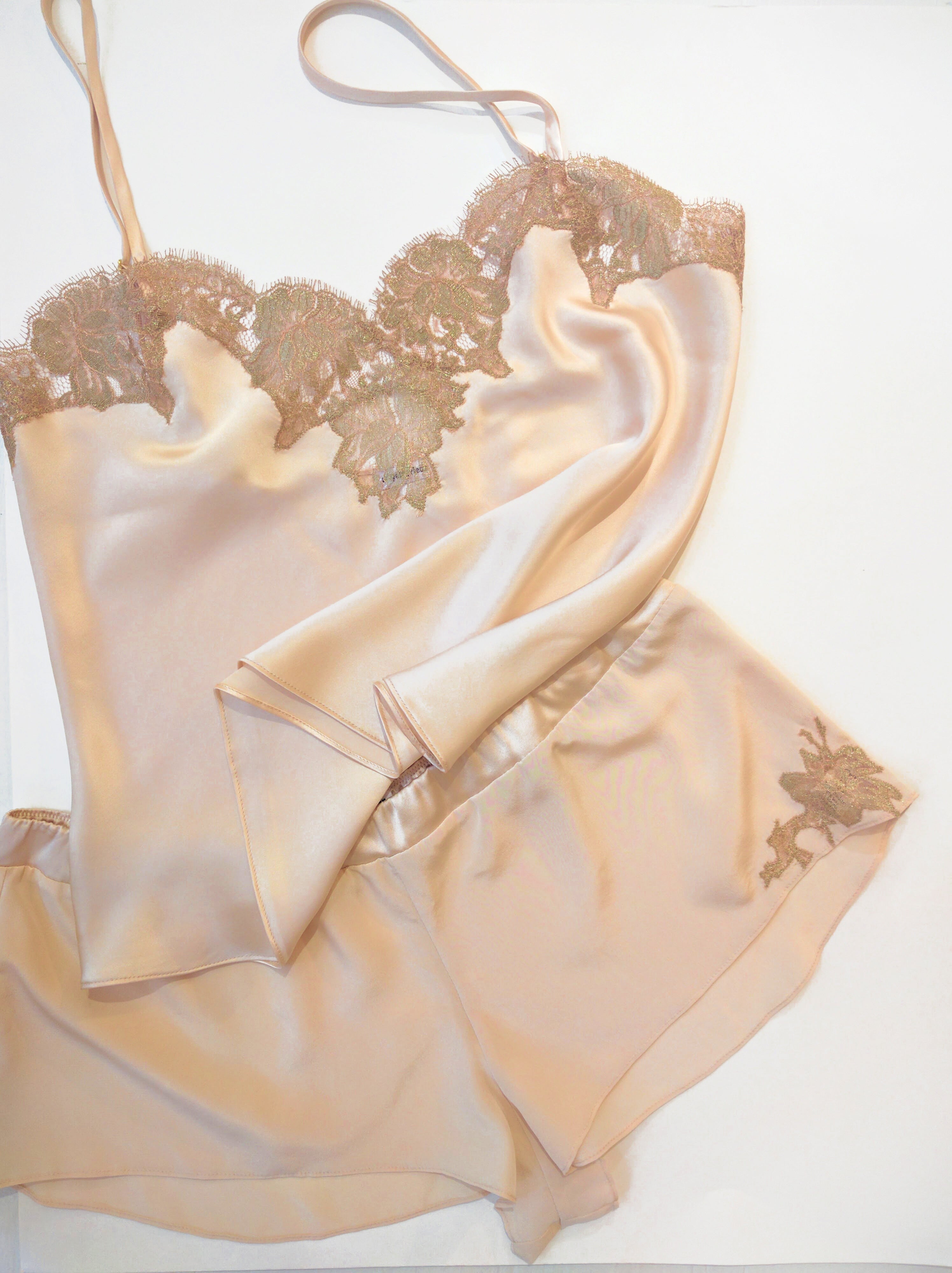 Vintage inspired camisole and tap pants in blush pink silk with gold french lace applique