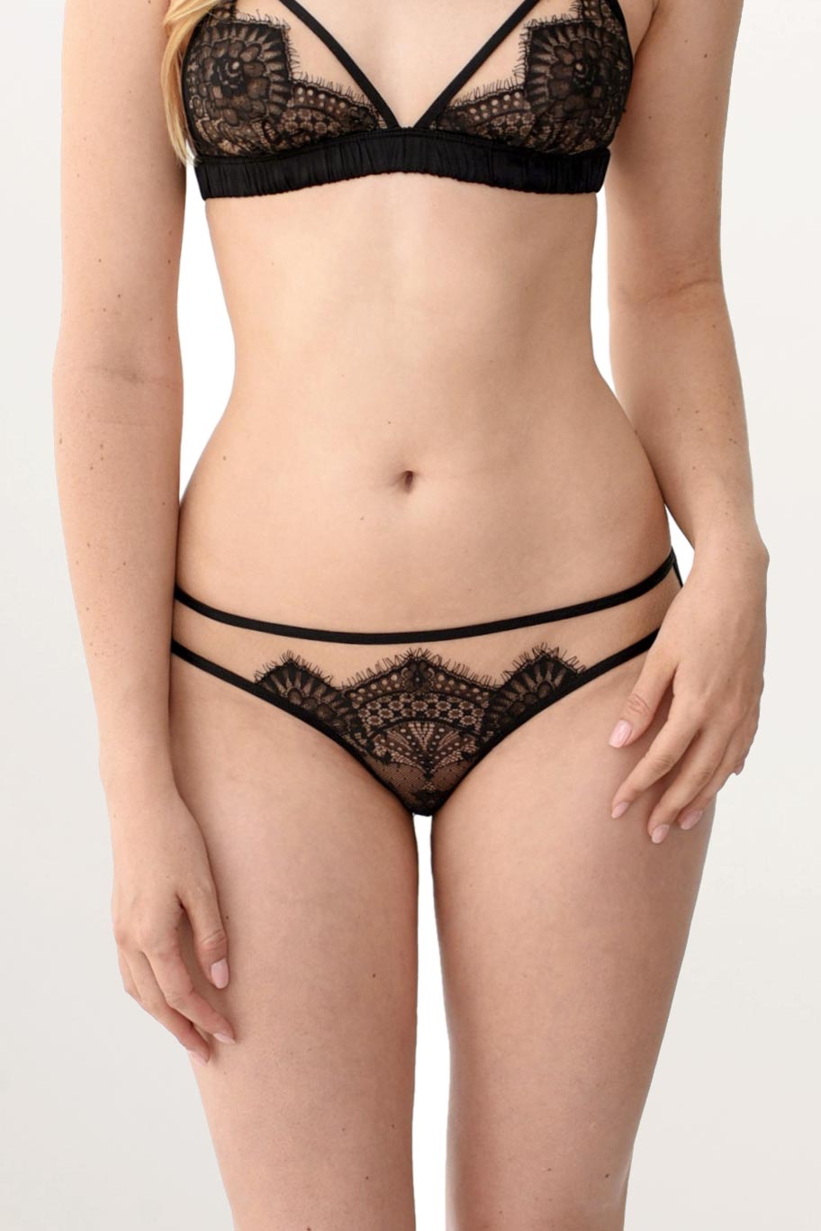 Giselle black lace knickers with sheer illusion tulle and silk