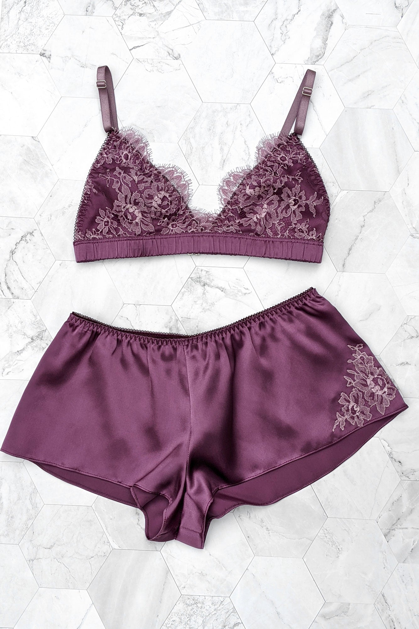 Heather silk bra and tap pants with French lace applique