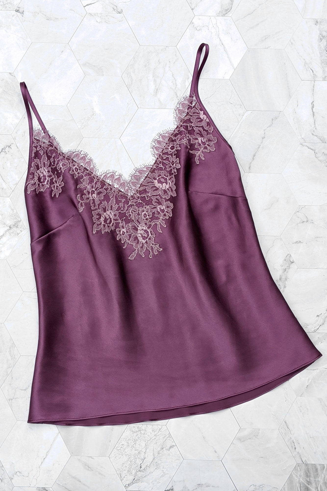 Heather purple camisole in 100% silk satin with French lace applique