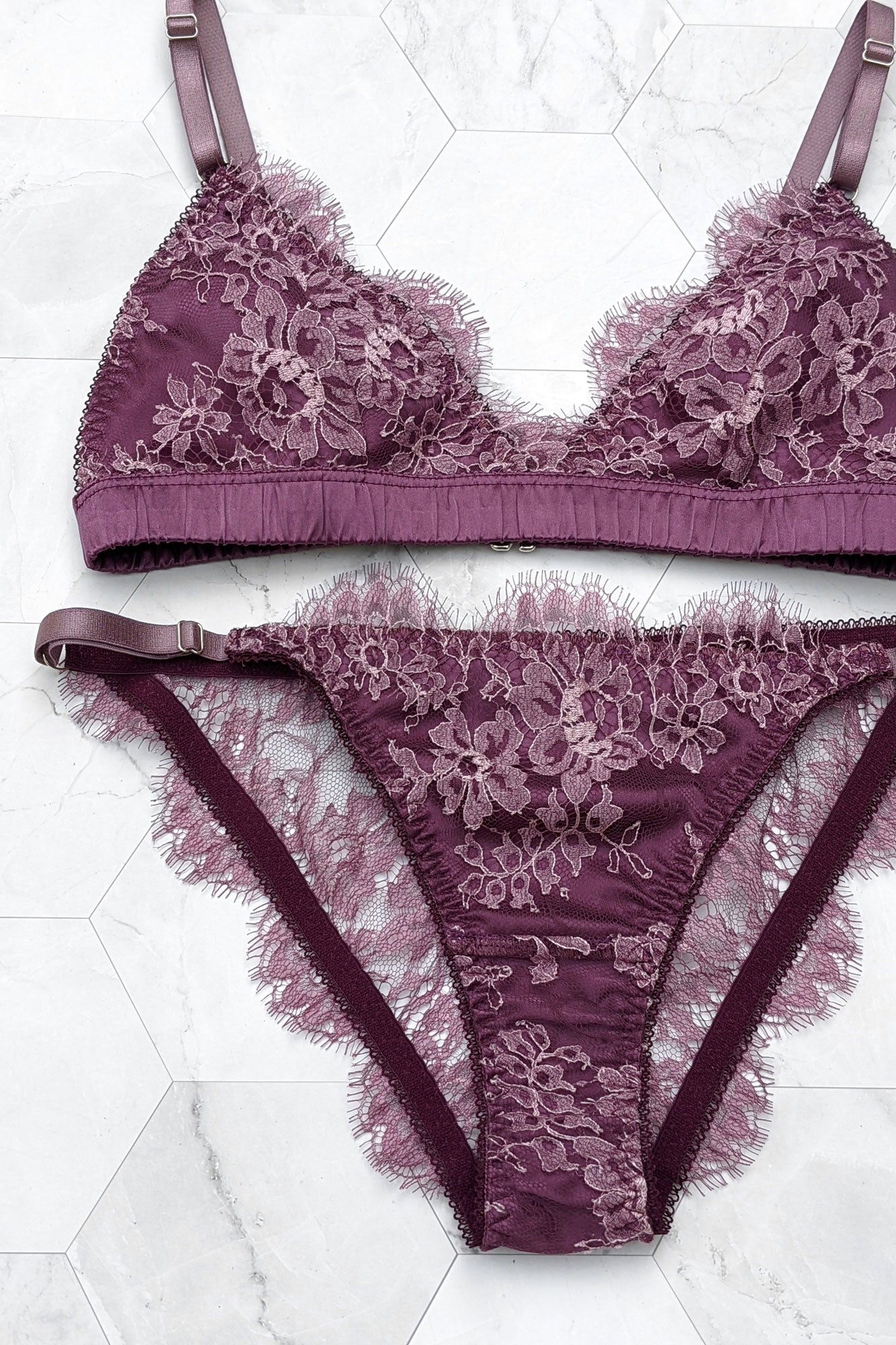 Lilac and aubergine lace lingerie set with purple silk knickers