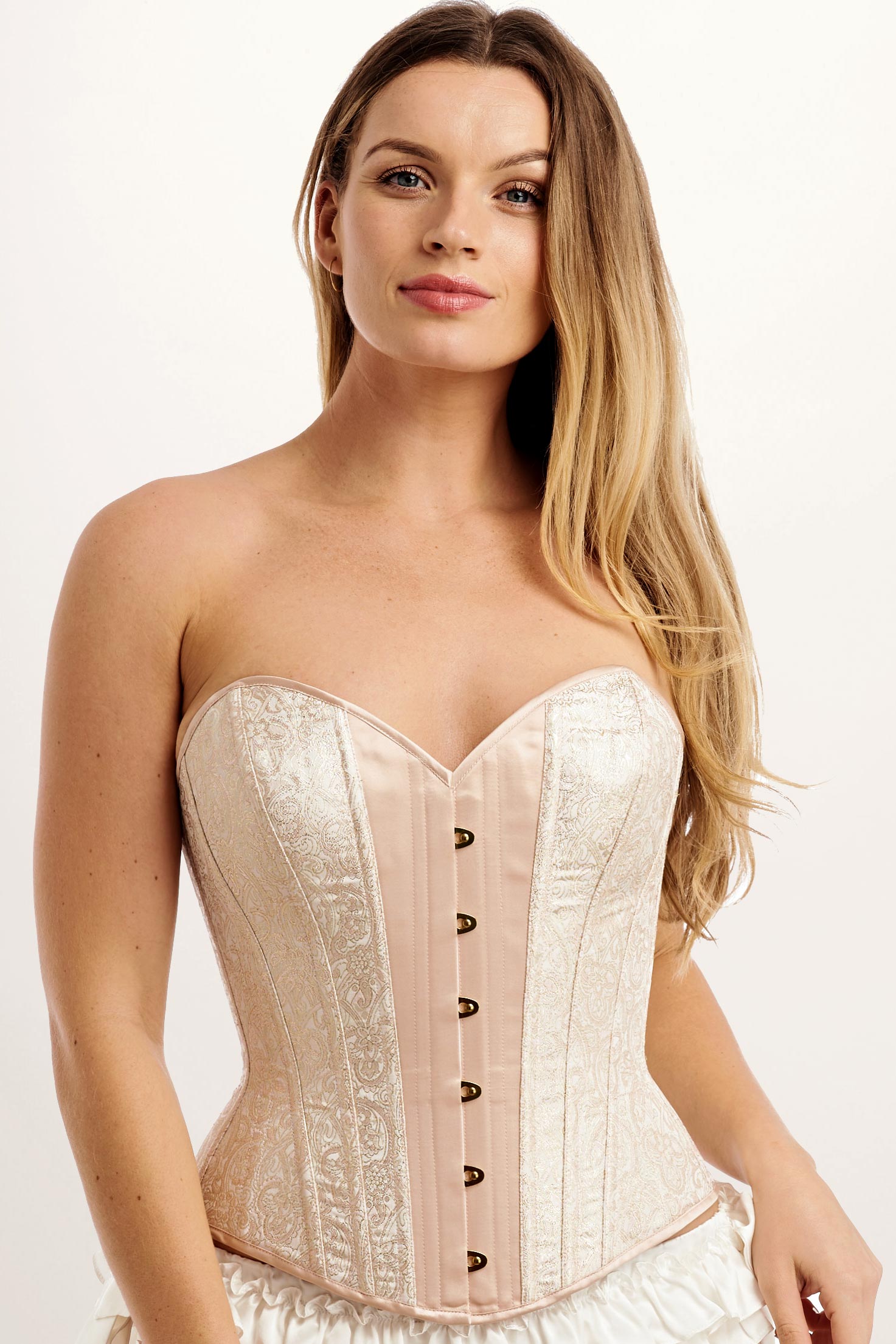 Angela Friedman blush satin Isabel corset in silk brocade