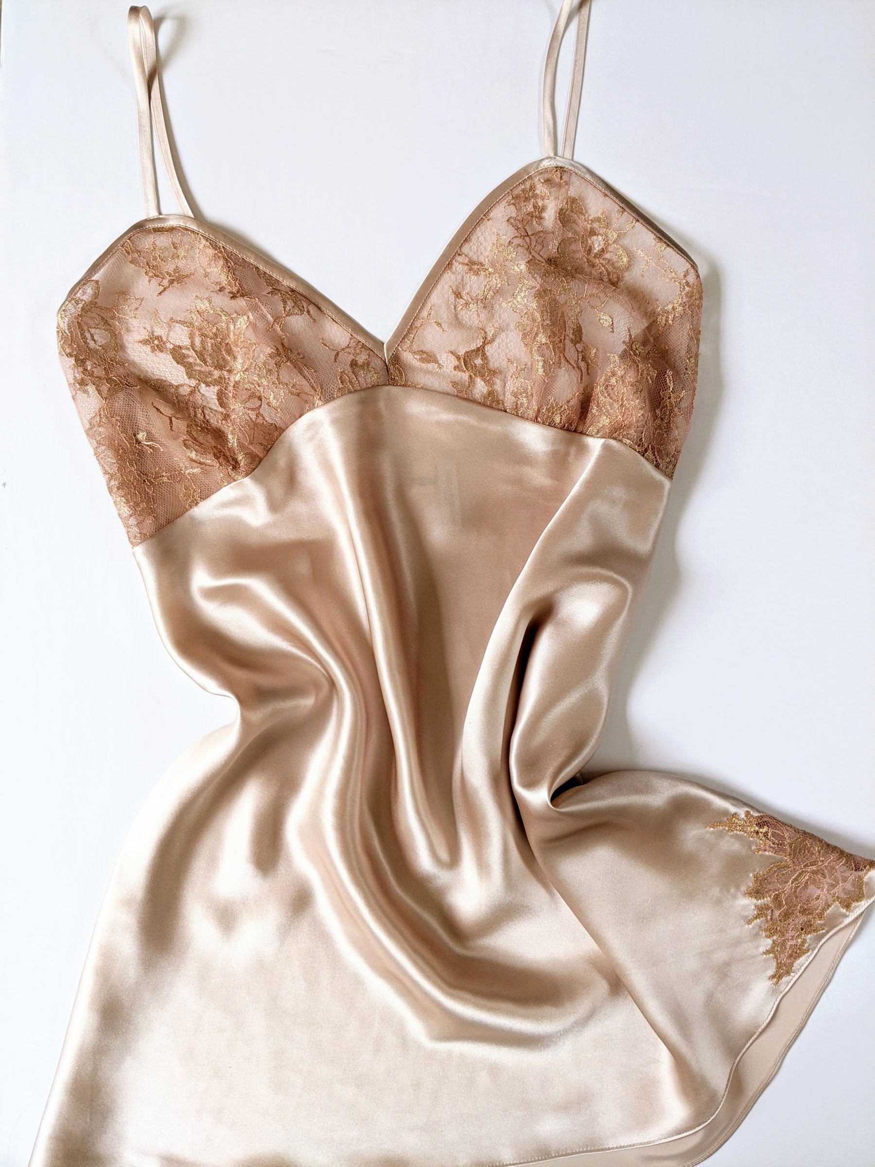 Retro peach full slip with French lace applique in gold and pink