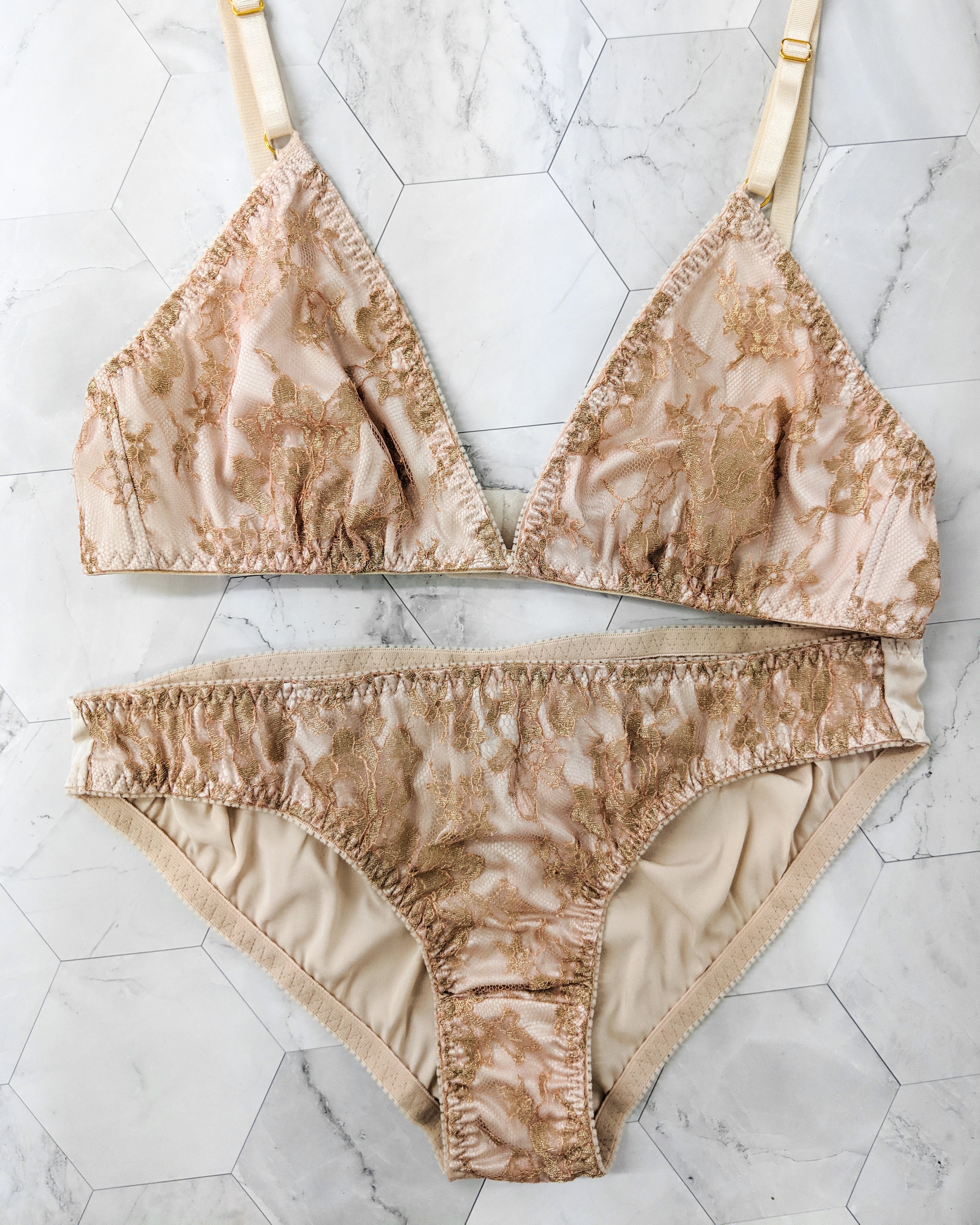 Gold and pink silk and lace lingerie set with bralette and knickers