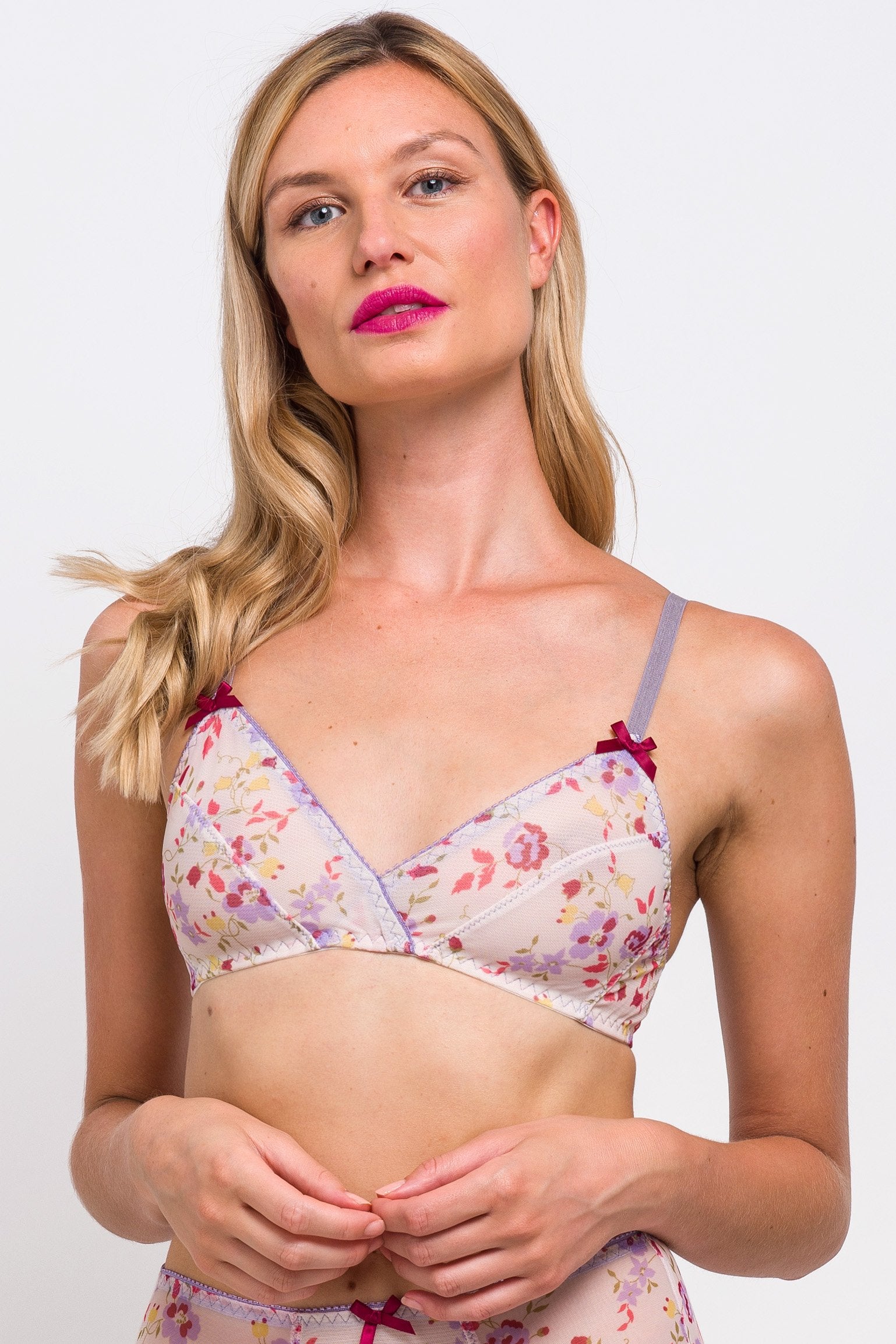 Luxury vintage-style bra with floral print mesh and lilac purple and red bows