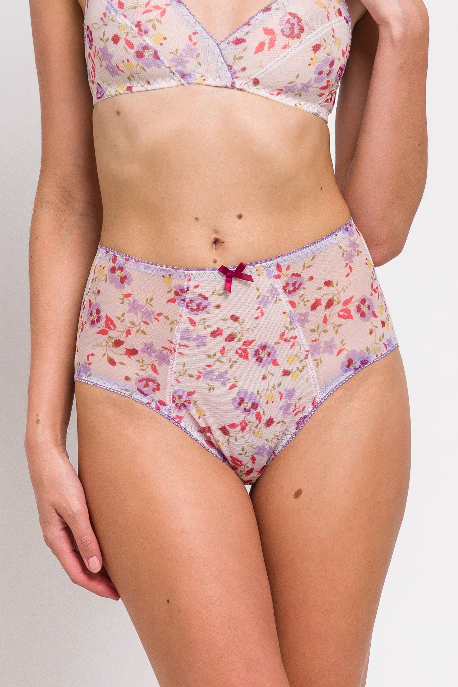 Vintage inspired lingerie set with hi waist underwear and floral mesh bralette