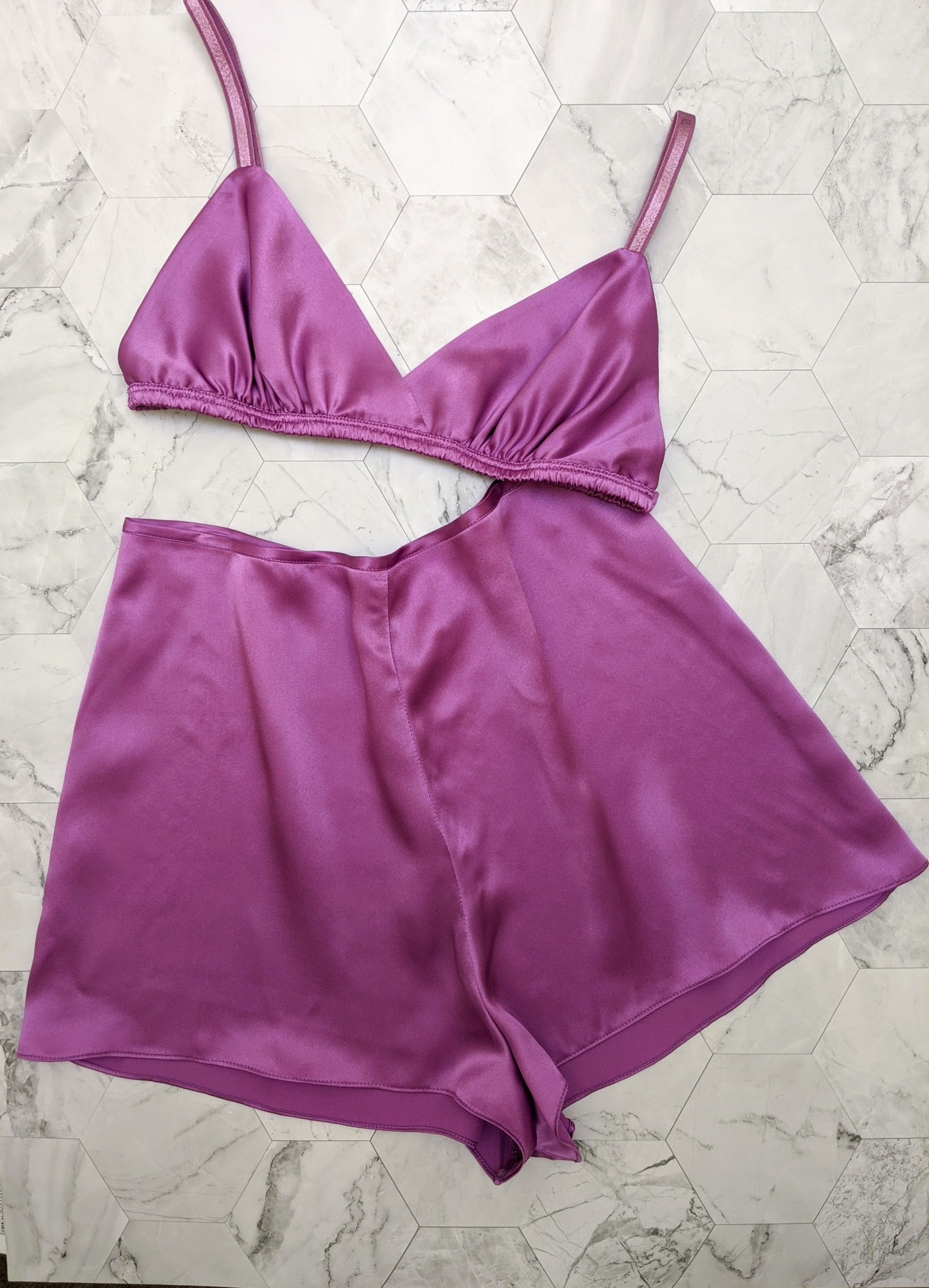 2 piece lounge wear set with a silk bra and vintage style tap pants