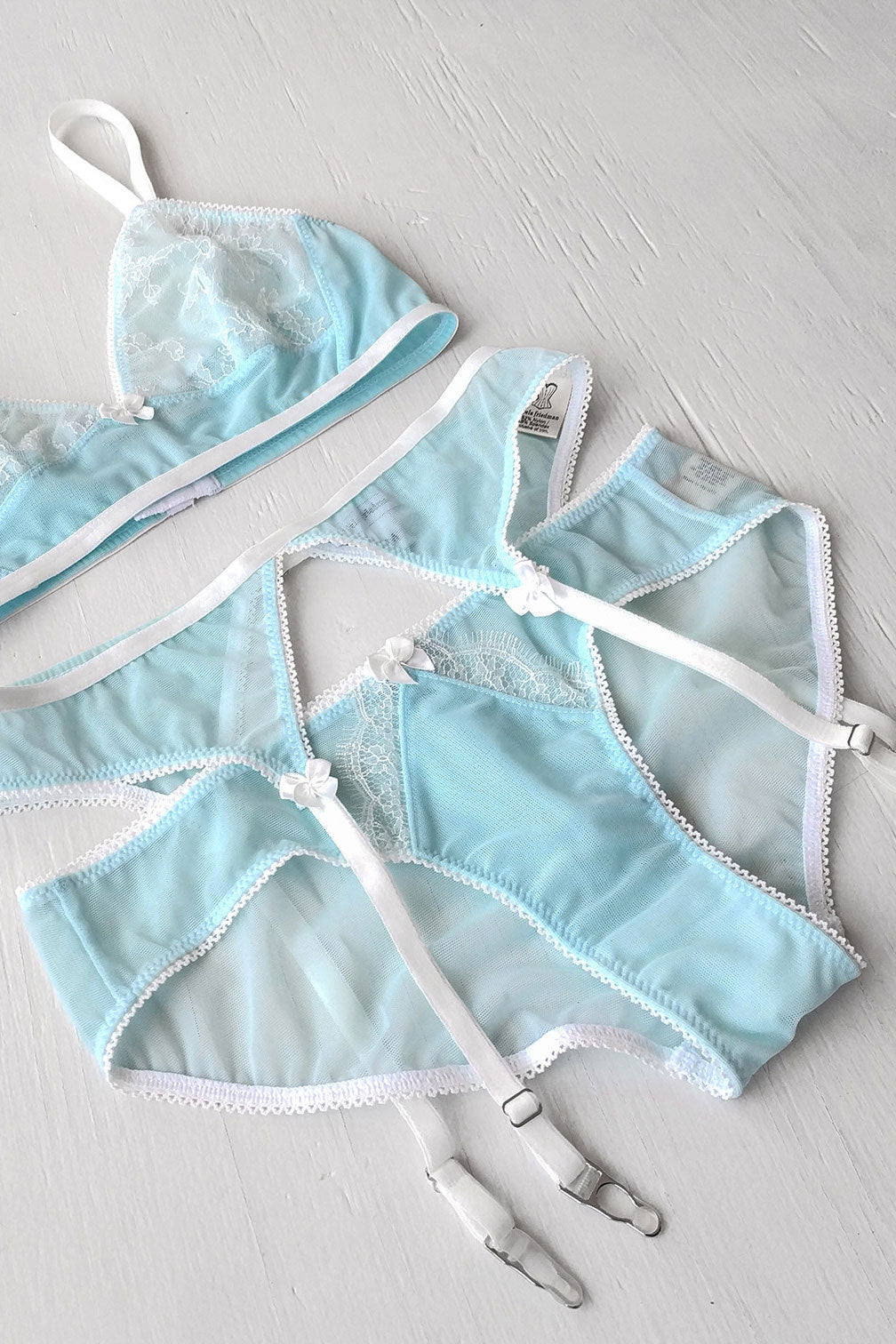Vintage inspired lingerie set with blue mesh garter belt