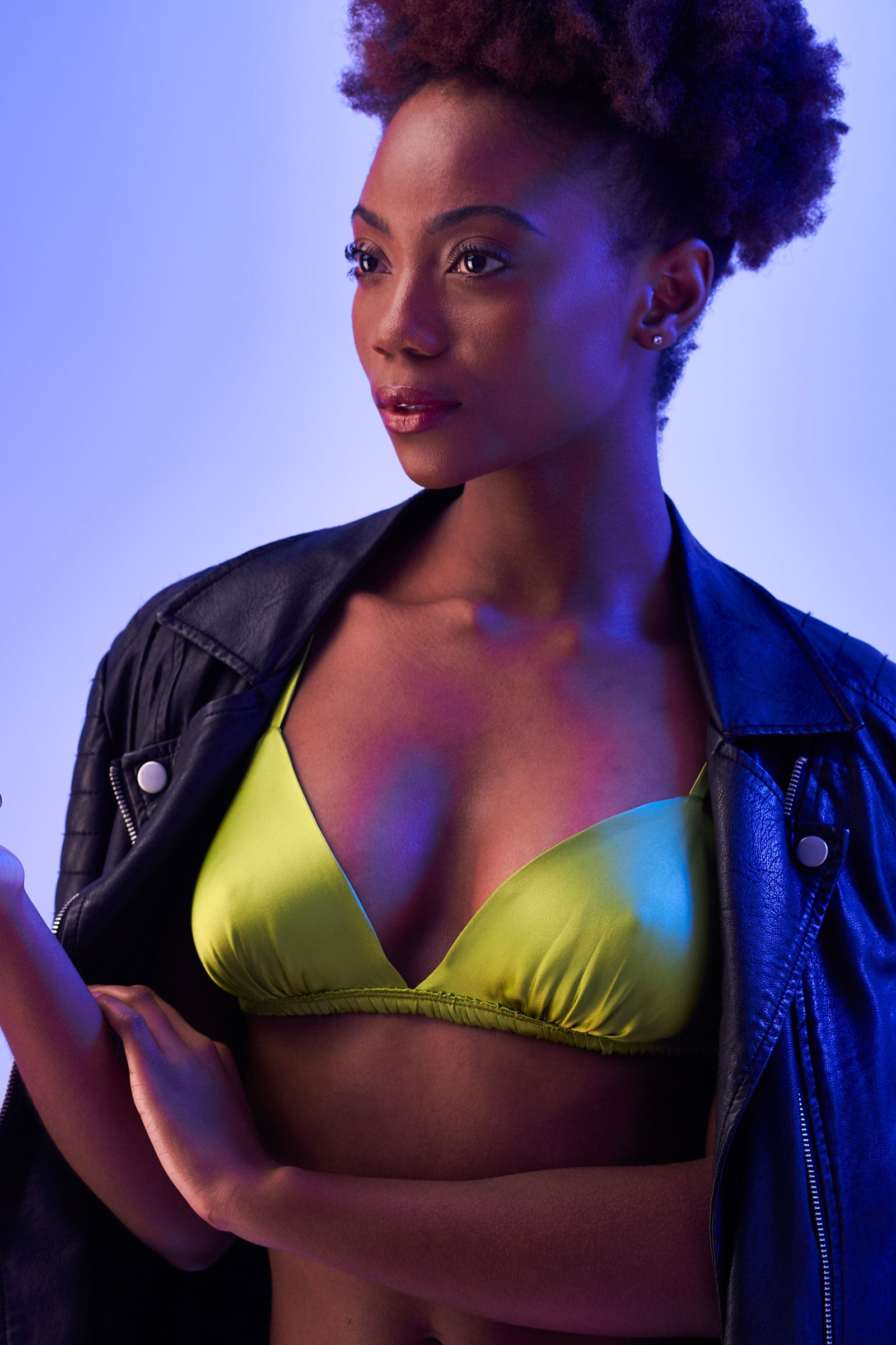 Green silk bralette, styled with a leather jacket