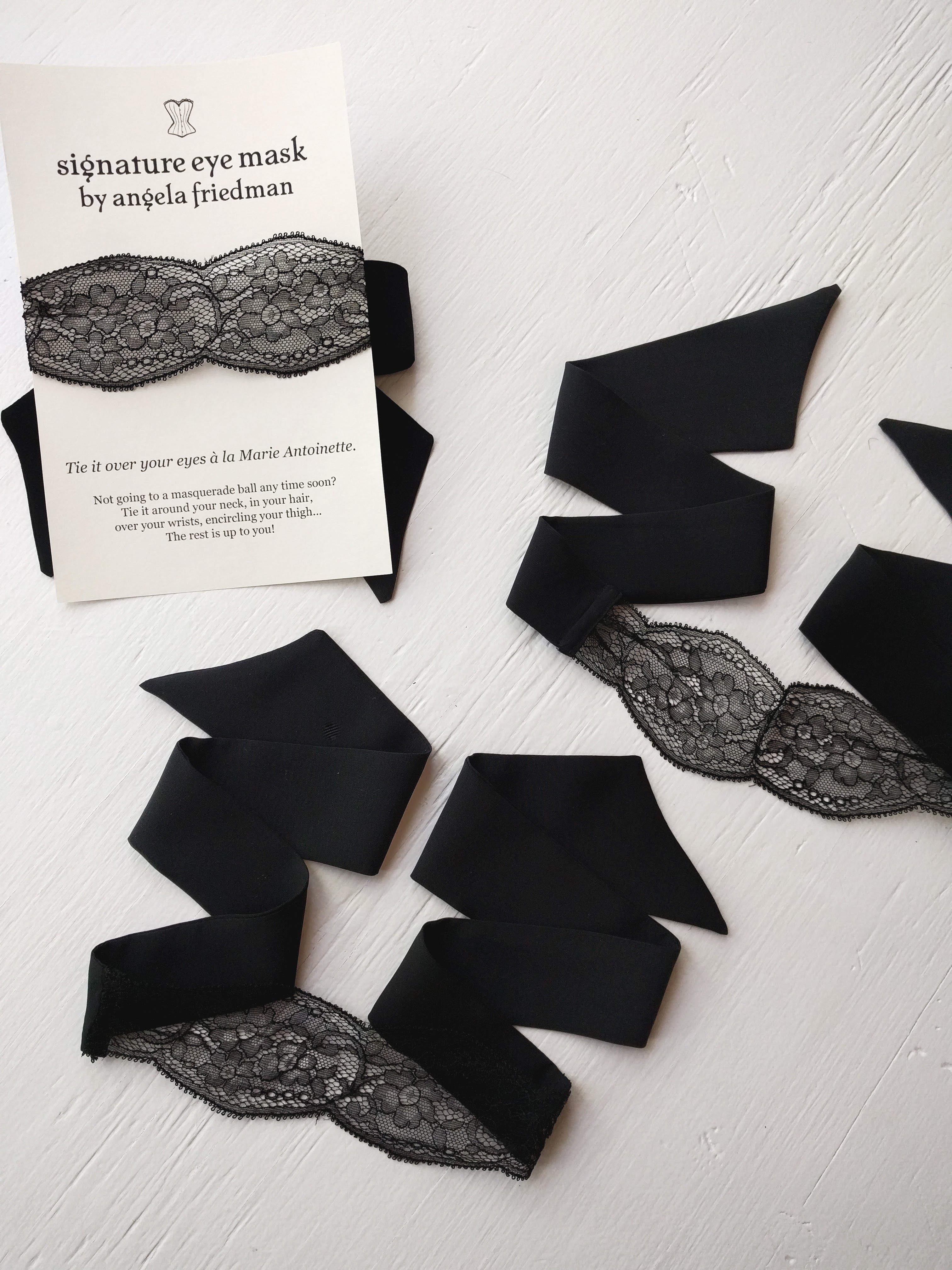 Sheer, sexy blindfolds in black silk and french lace