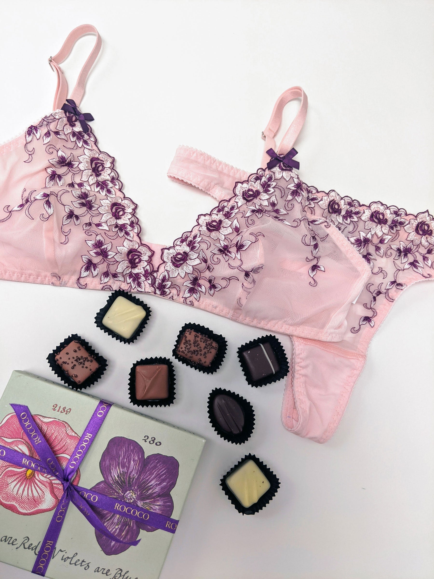 Pink and purple handmade lingerie set with floral embroidery and a soft cup bralette