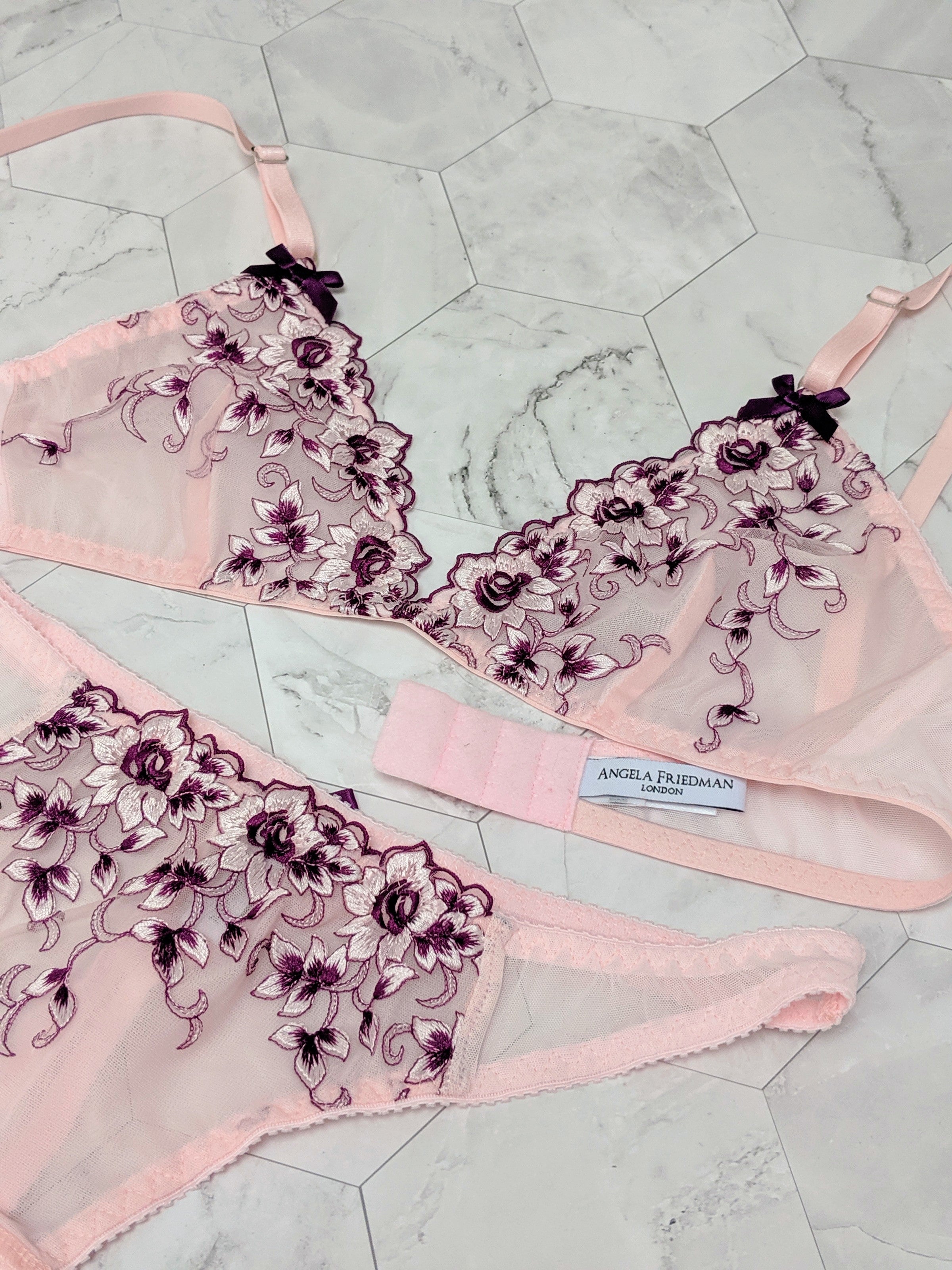 Vintage inspired lingerie sets with pink and purple embroidery