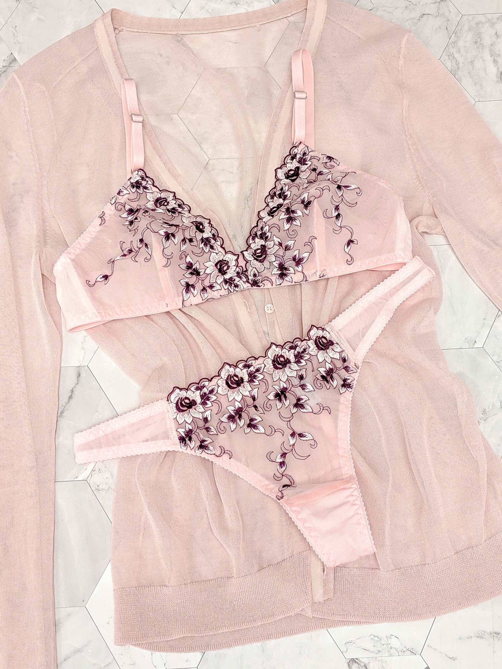 Retro embroidered lingerie set with a sheer pink sweater