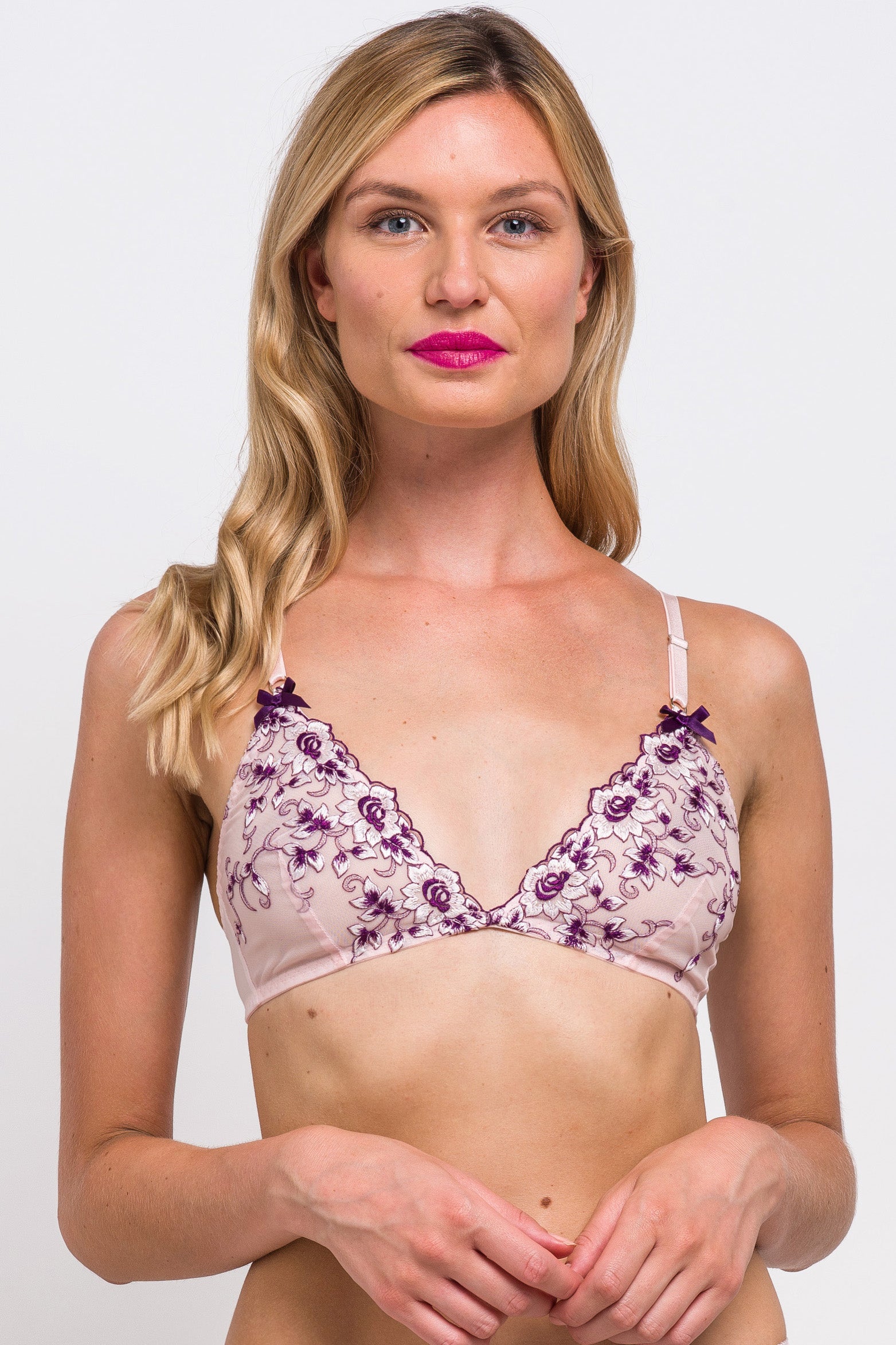 Viola purple and pink bralette in embroidered mesh with floral trim