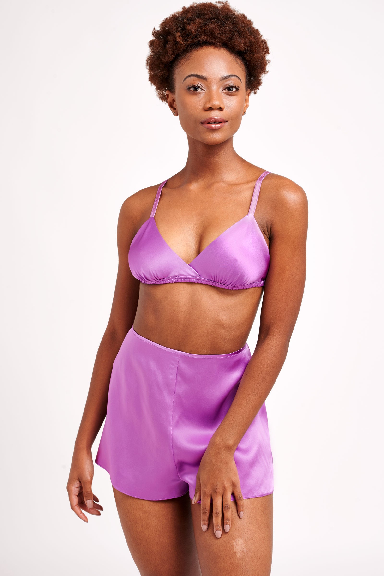 Violet silk bra and retro satin tap pants