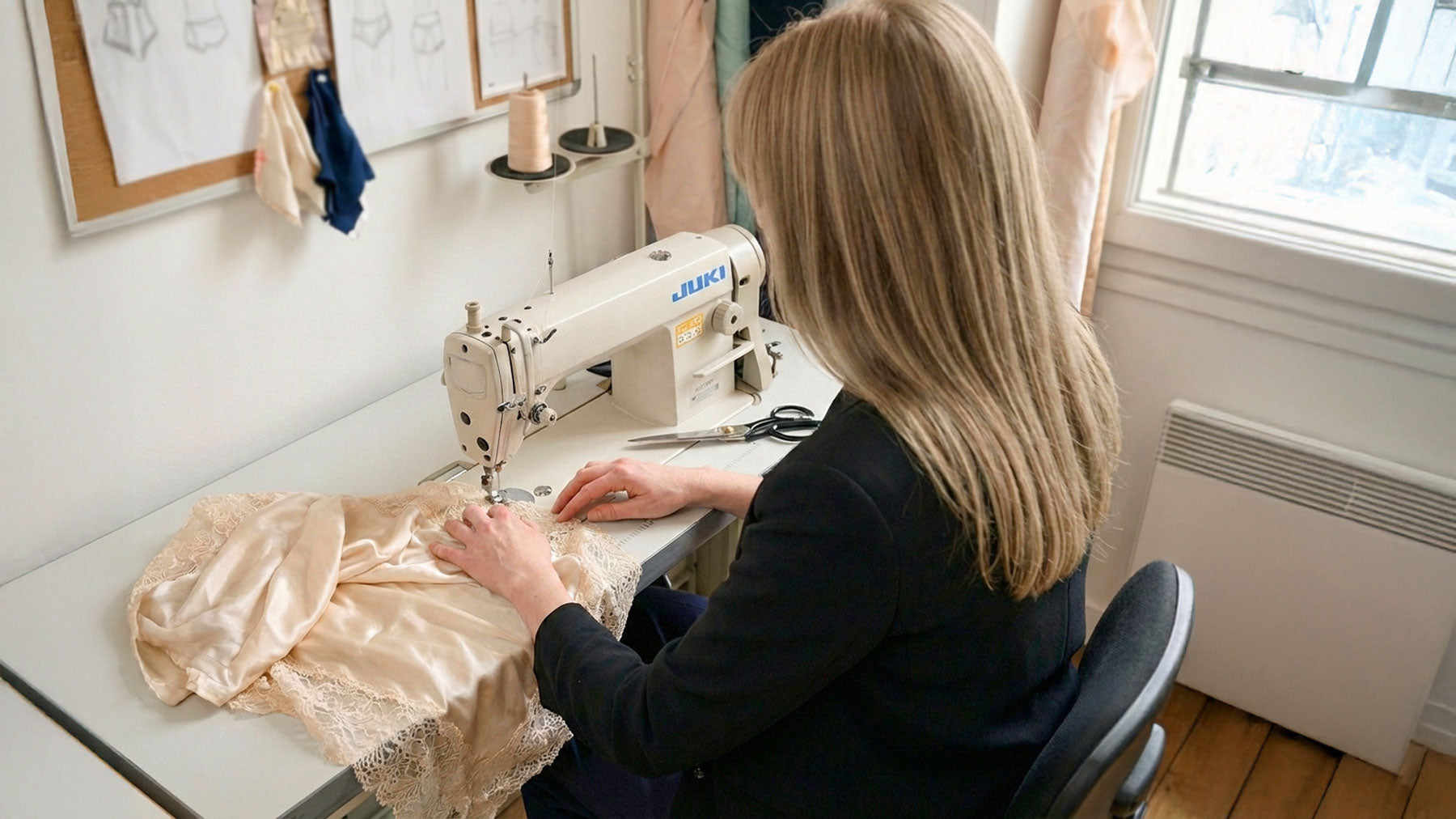Sewing silk lingerie sets in a small studio in London