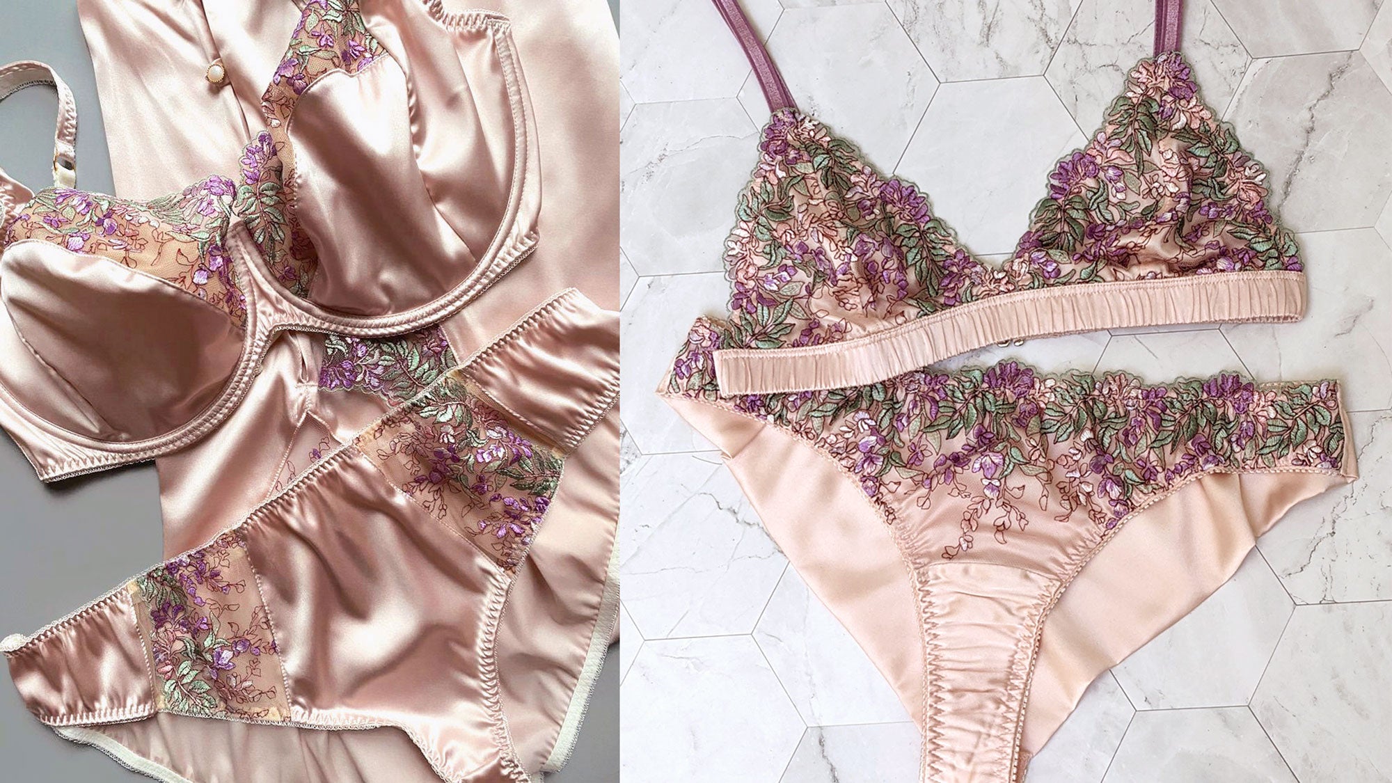 Pink silk lingerie sets by Harlow & Fox and Angela Friedman
