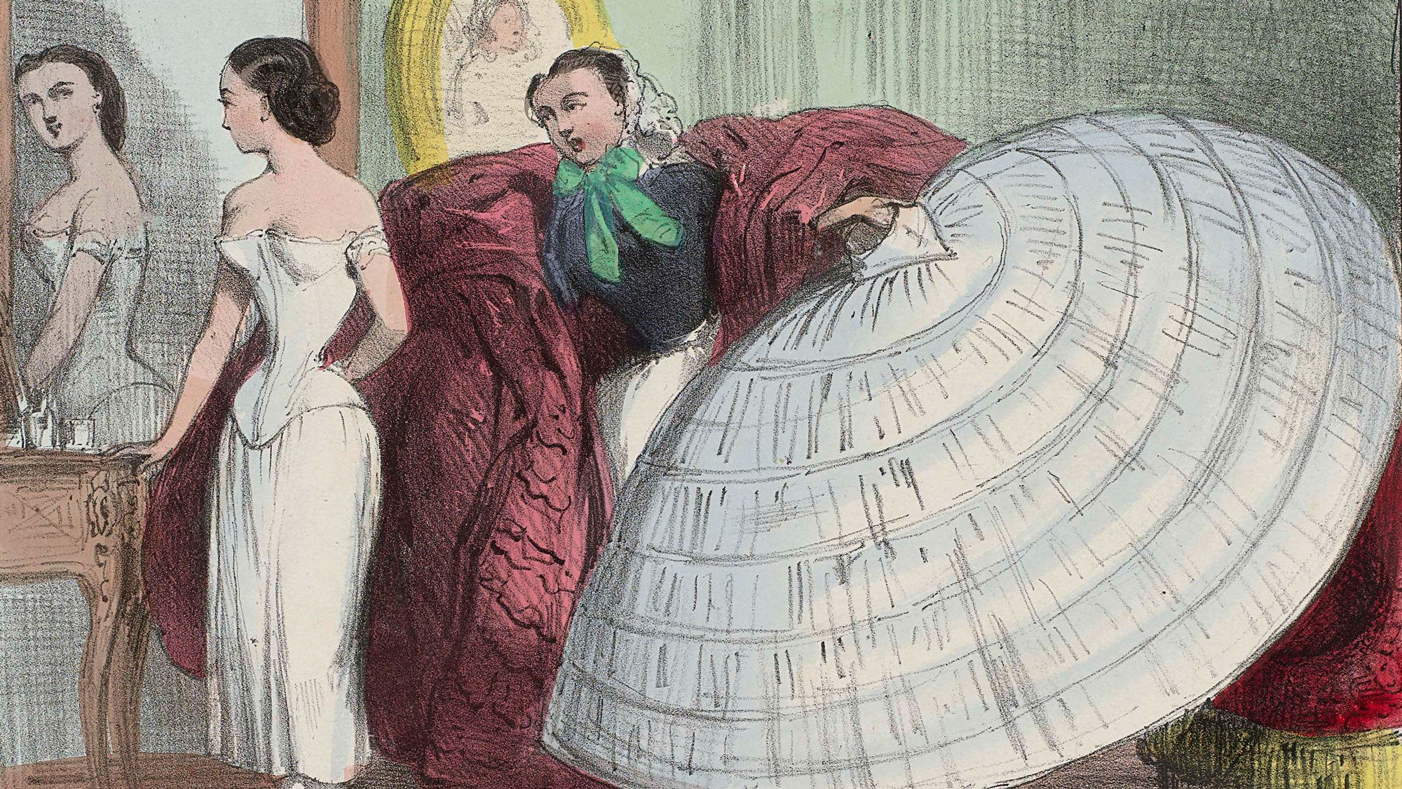 Modes pour rire, 1855-1865, a fashion illustration of victorian corset and hoopskirt