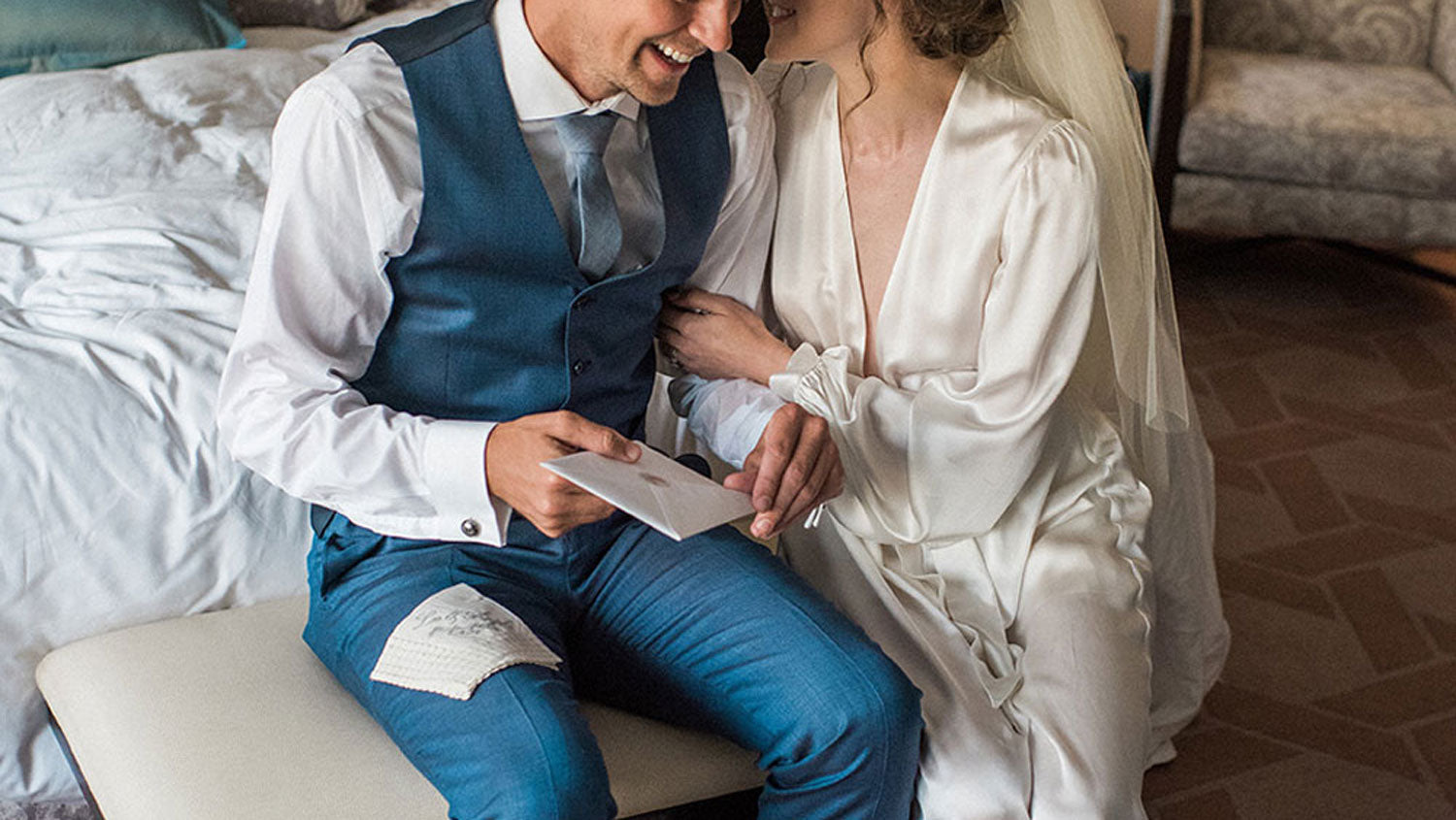 Wedding day luxury lingerie with a white silk satin robe