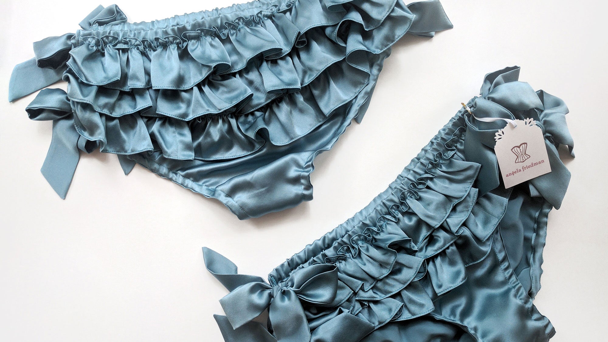Teal blue ruffled panties in 100% silk satin from Etsy and Angela Friedman