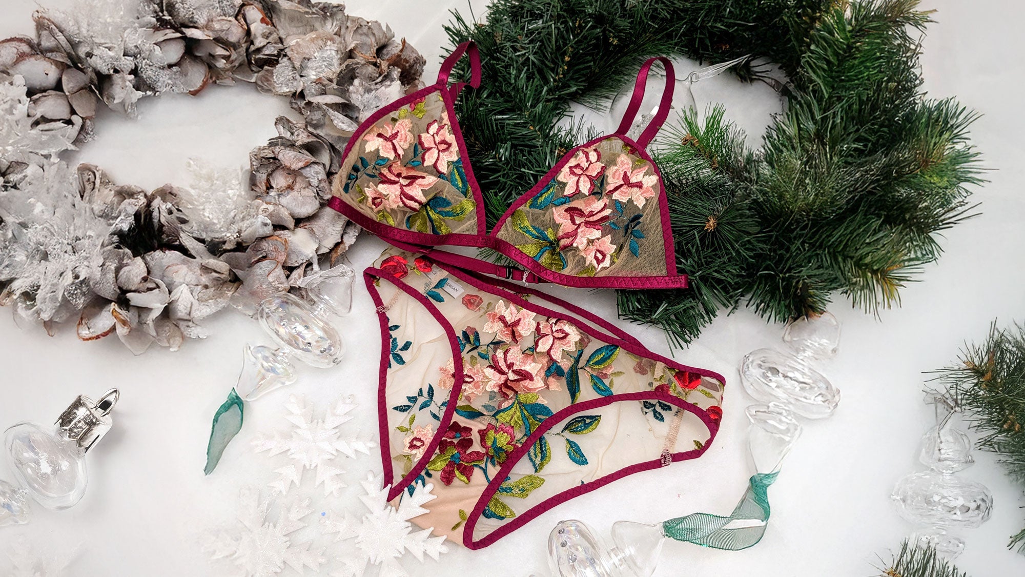 Sheer embroidered floral bra and panties set for Christmas gifts