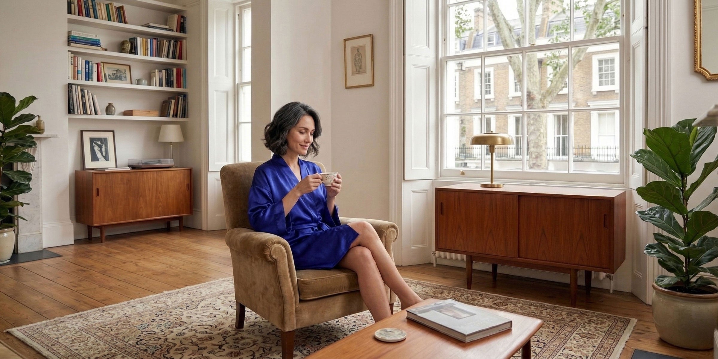 Blue silk robe with tied sash belt in a luxury designer apartment in NYC