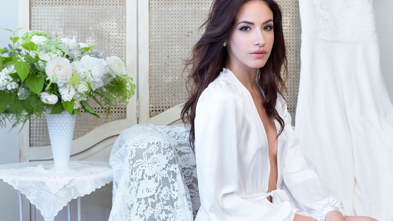 White silk dressing gown and robes for brides on their wedding day