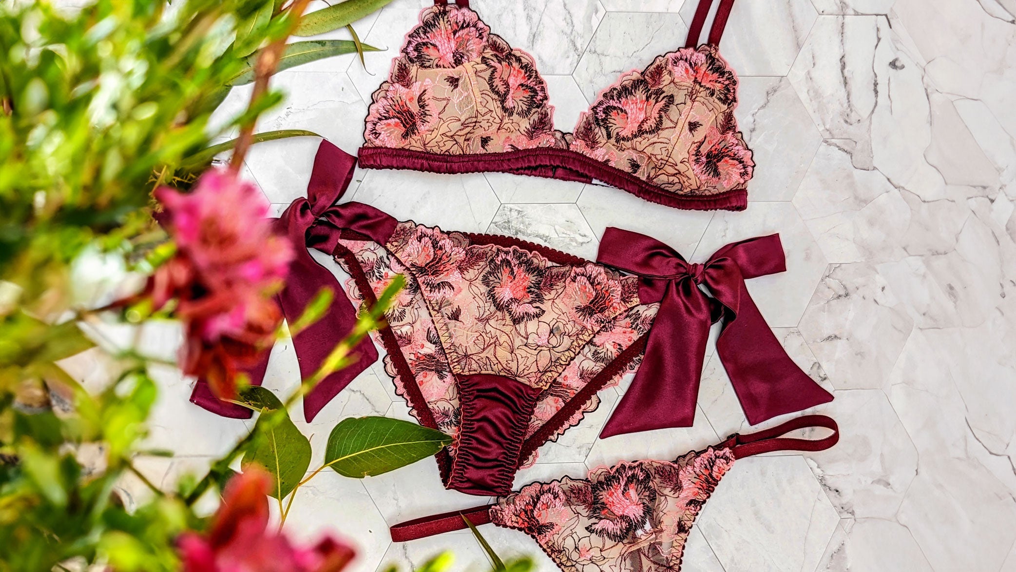 Silk and embroidered lingerie sets with sheer floral embroidery