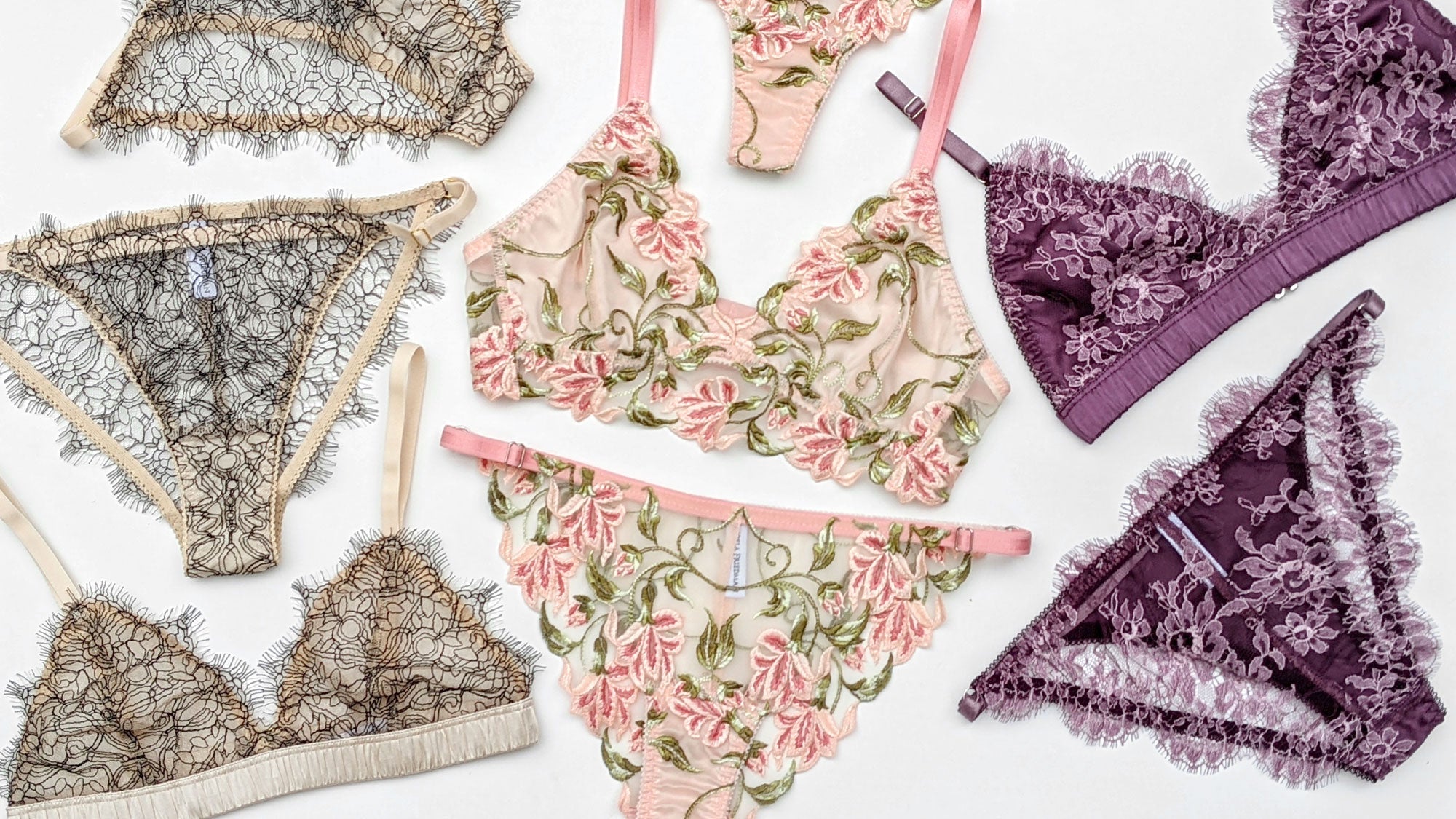 Luxury lingerie sets in nude, light pink, and purple embroidery and French lace