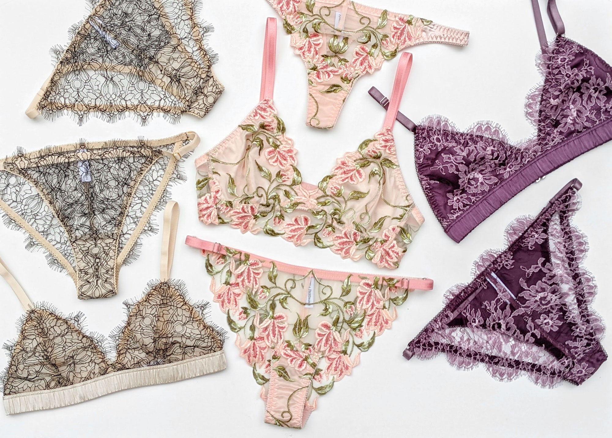 Pink embroidered lingerie set and purple silk bralette and luxury panties