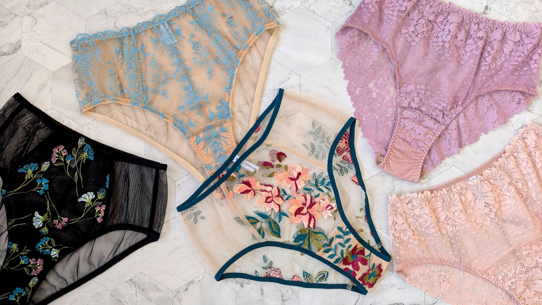 High waisted underwear for women in blue, pink, purple, and black lace and embroidery
