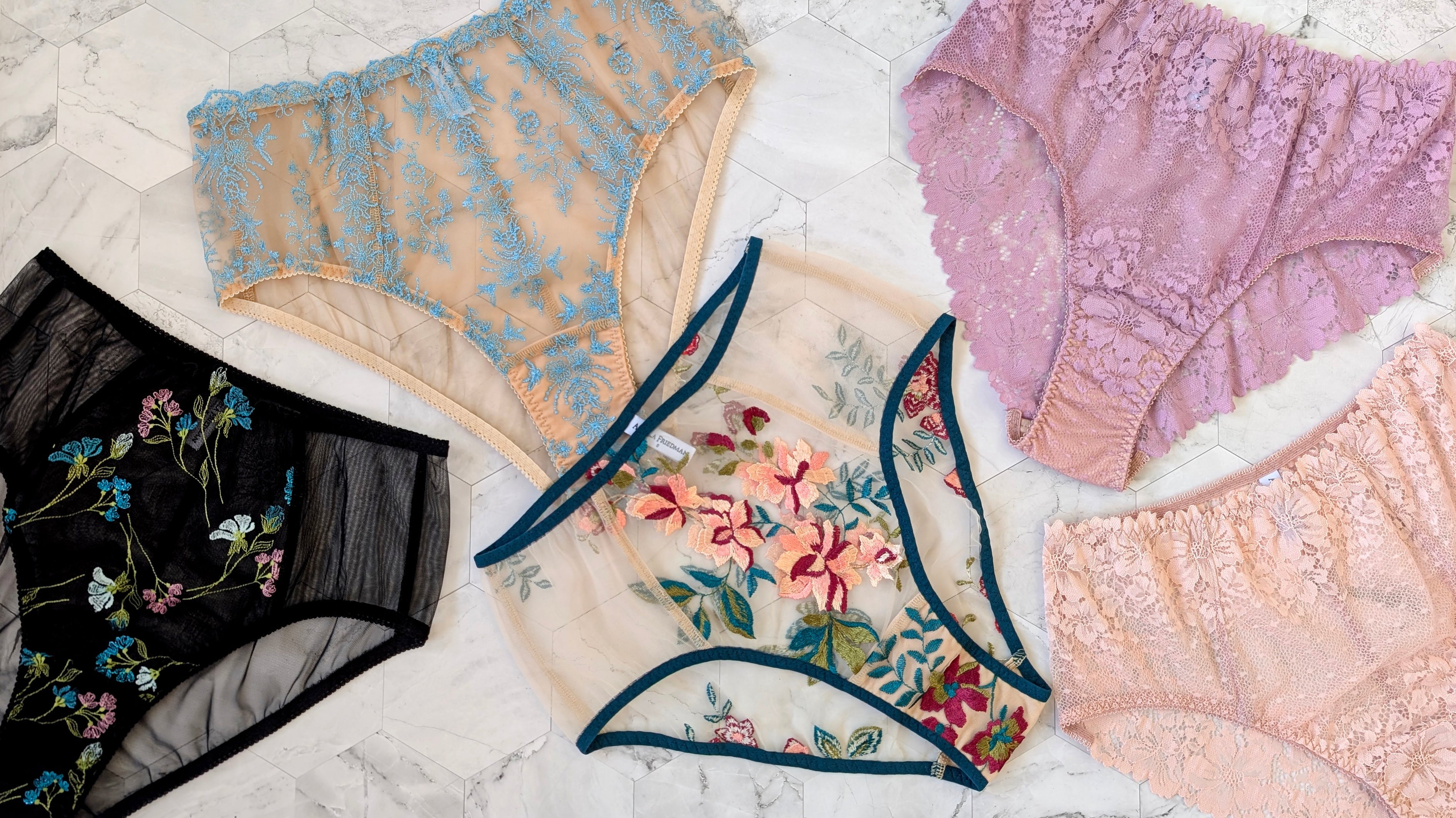High waisted underwear for women in blue, pink, purple, and black lace and embroidery