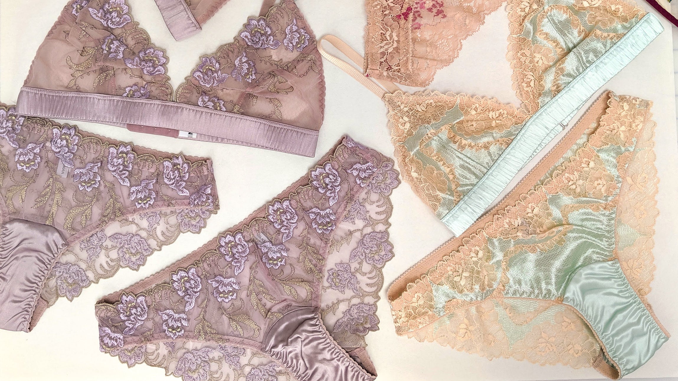 Pastel lace lingerie sets in lilac purple and mint green, with pretty stretch lace and embroideries
