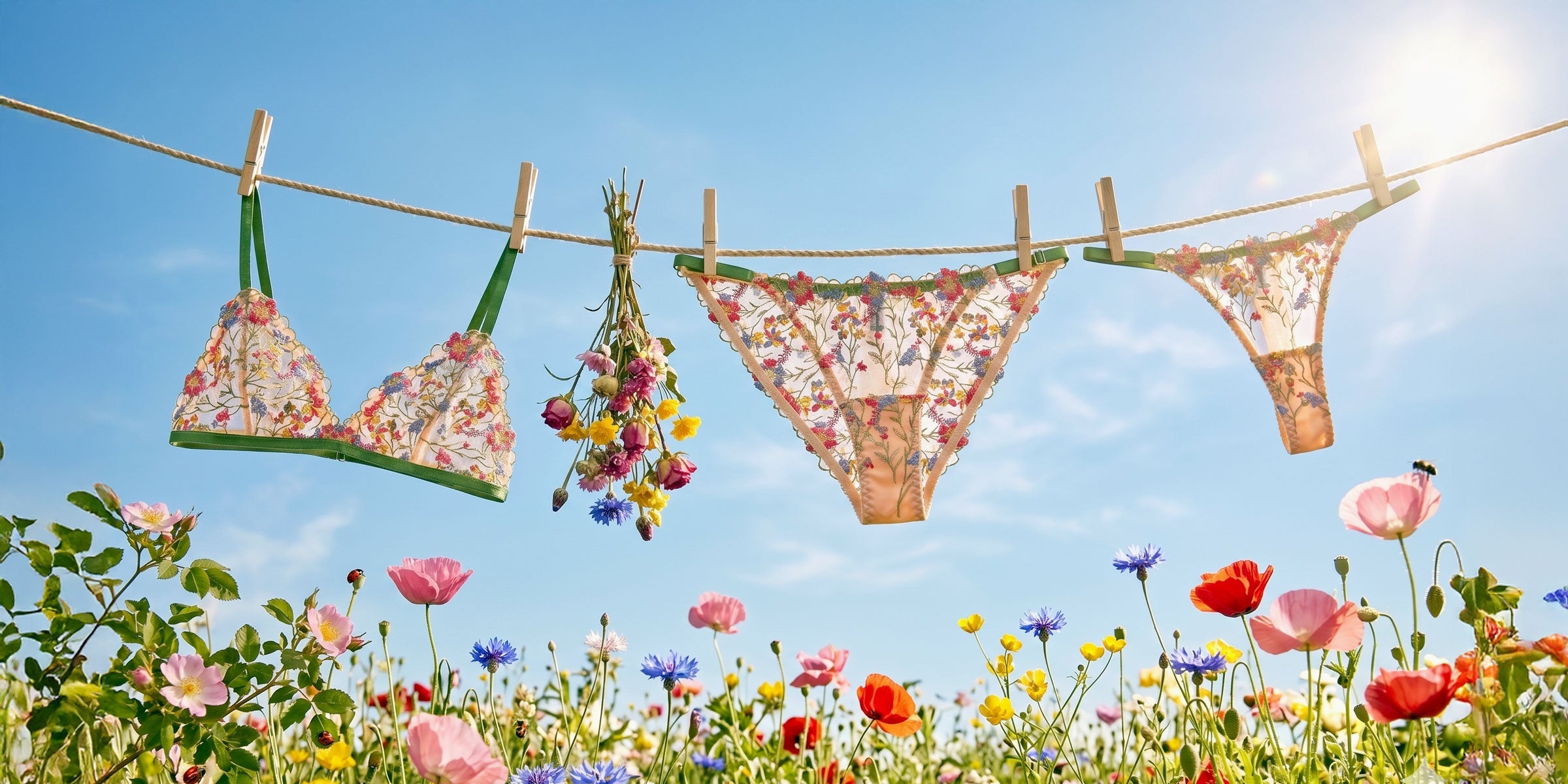3 pieces of floral lingerie hanging on a laundry line amidst a wildflowers meadow