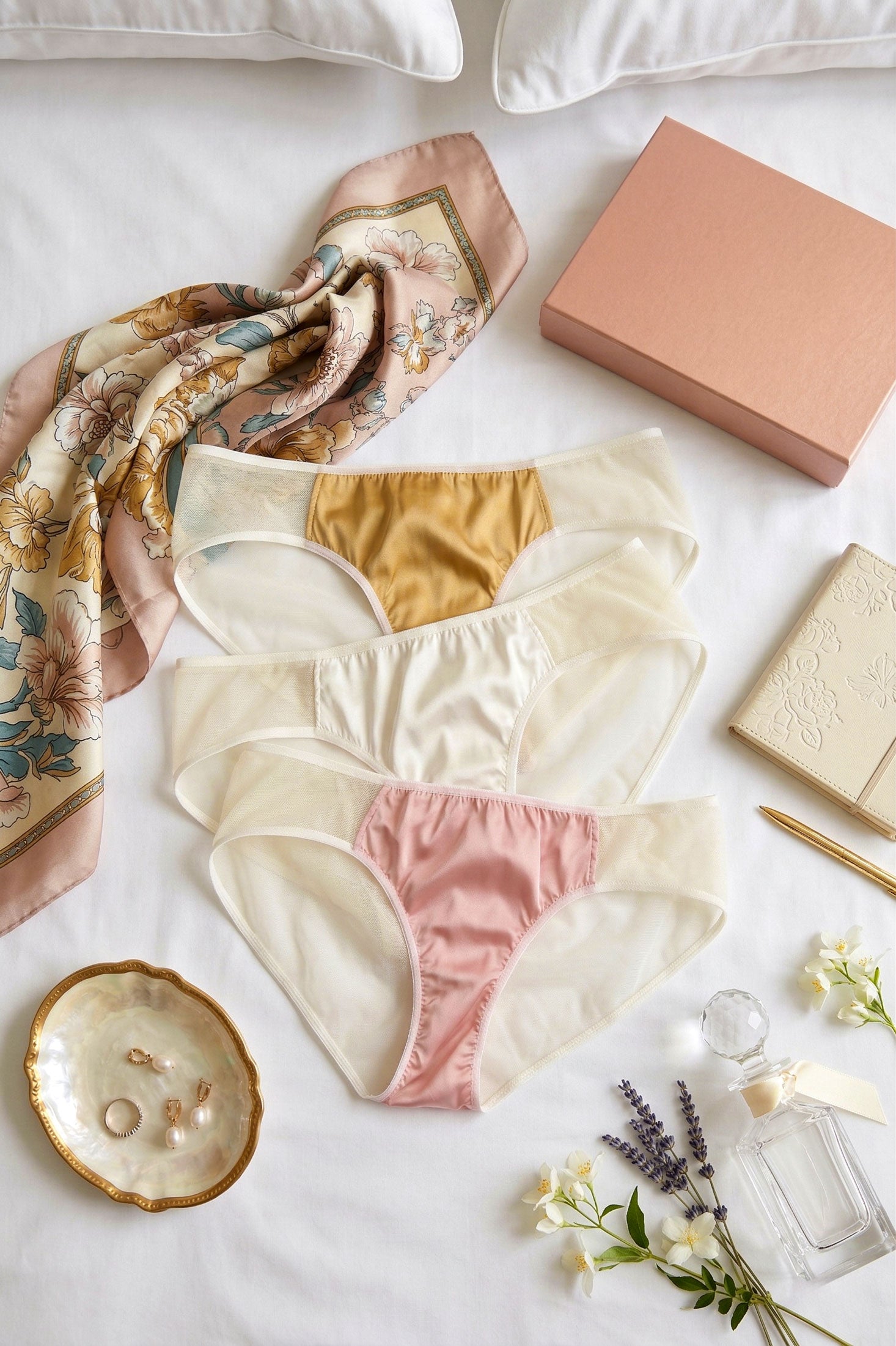 3 pairs of women's silk satin underwear, including 1 each of golden yellow, light pink, and off-white mesh with a lingerie gift box and silk scarf