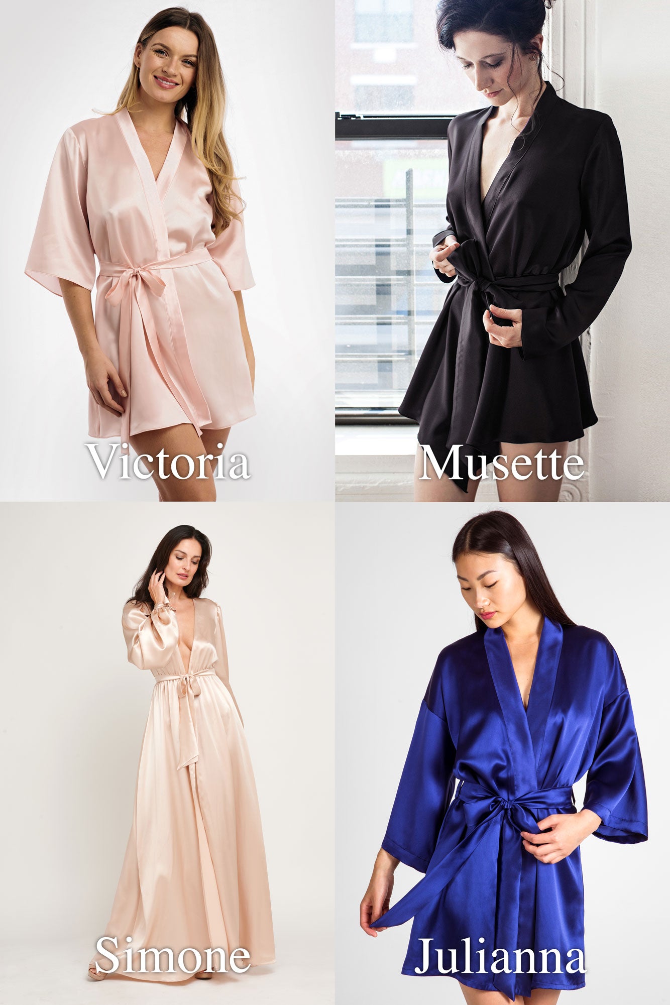 Luxury black, pink, and blue satin robes in 100% pure silk