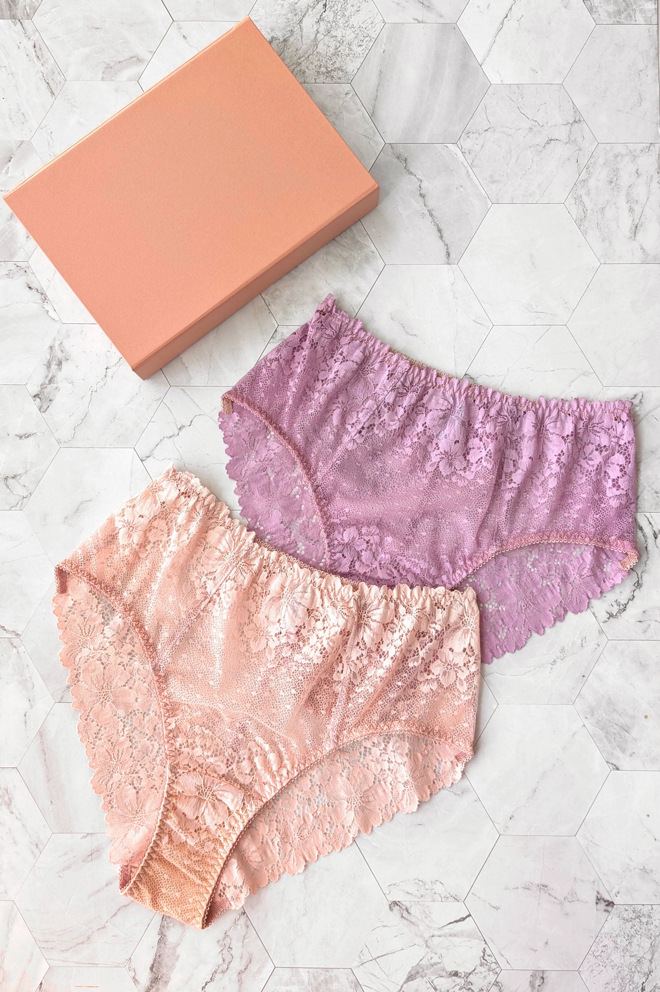 Luxury lingerie gift set with pink and purple knickers in a highwaist cut and a rose pink gift box