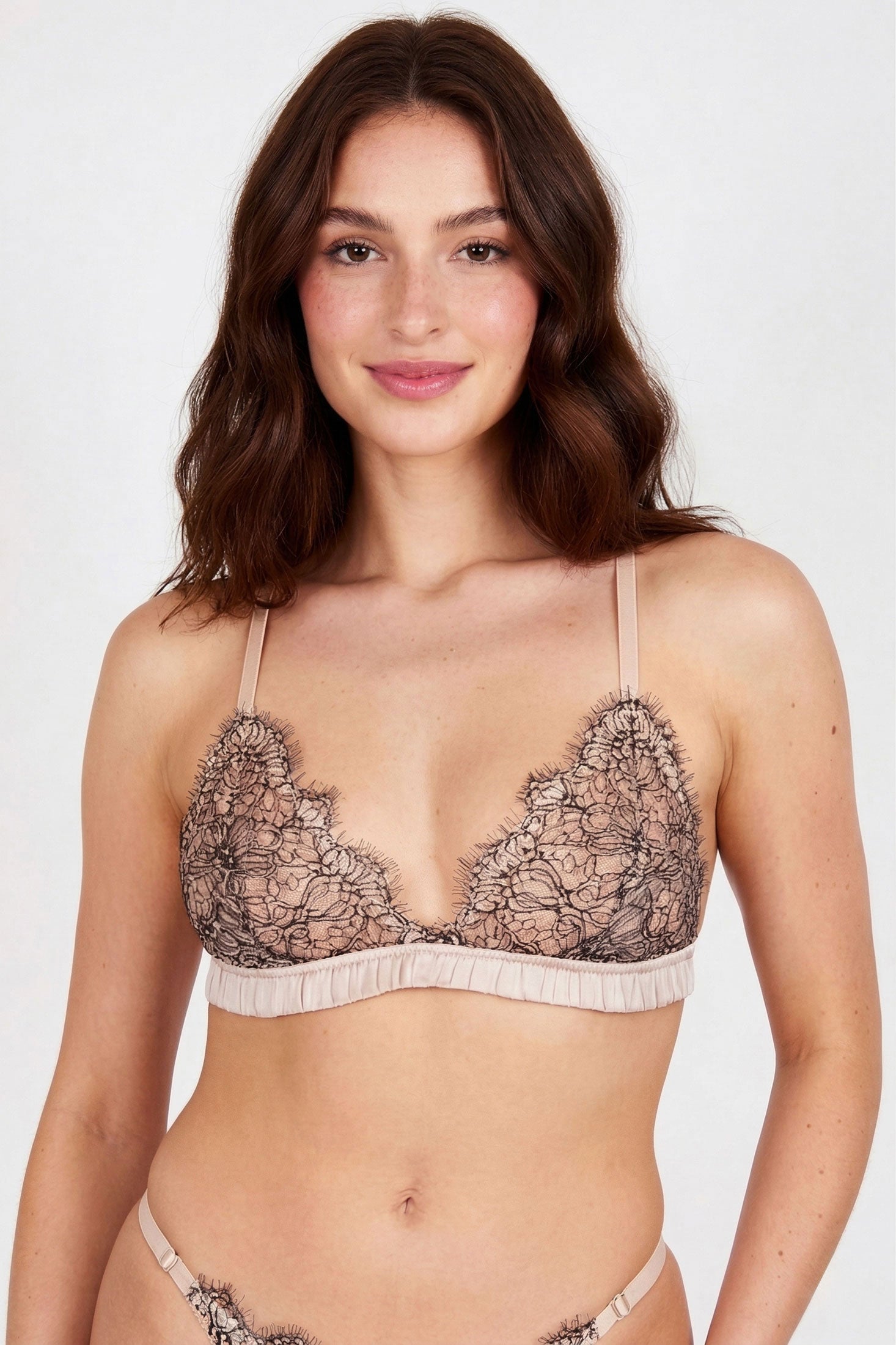 Amandine bralette in nude silk and black French lace