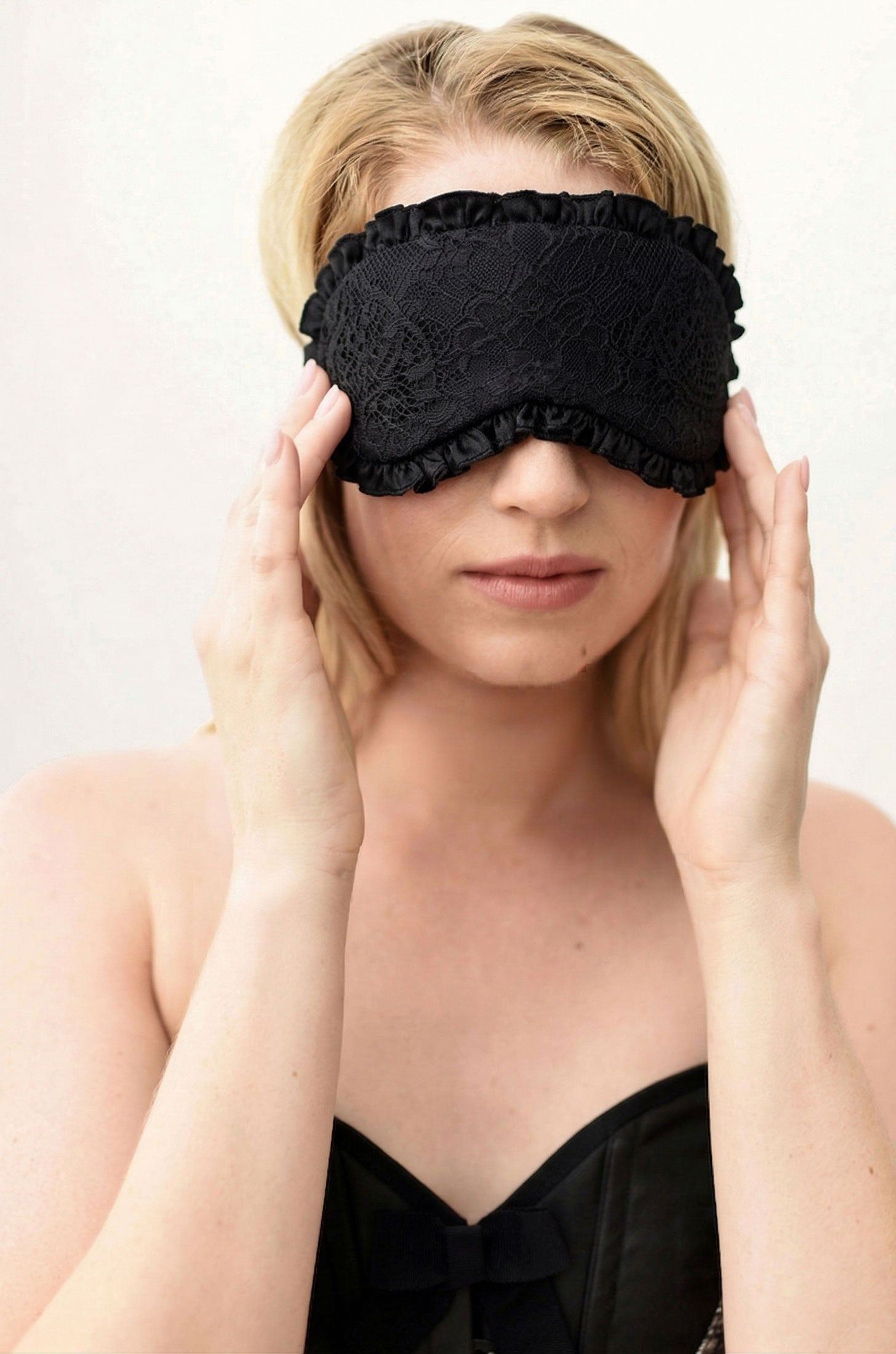 Black lace and 100% silk sleep mask by luxury designer Angela Friedman
