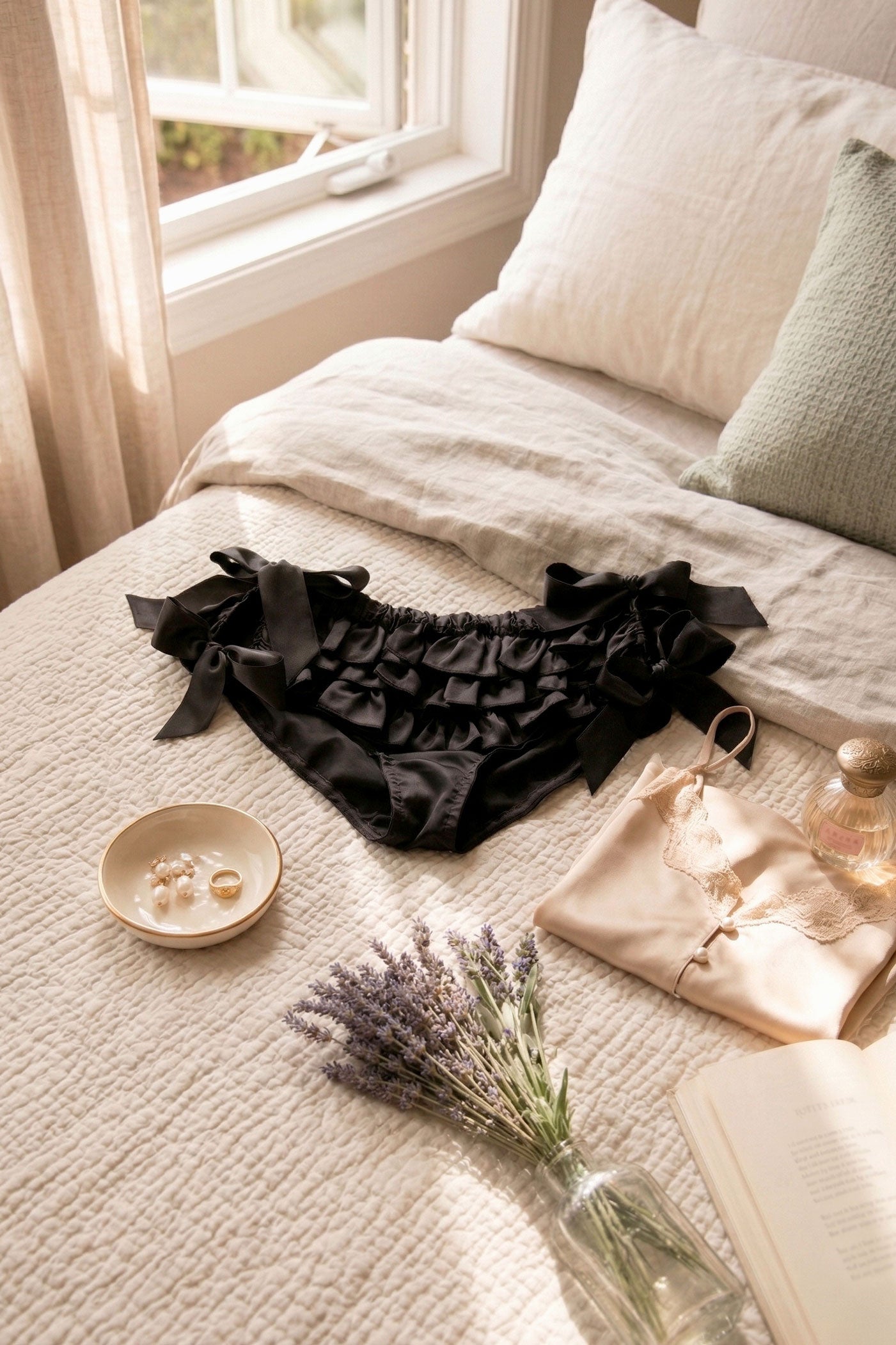 Black silk ruffled panties with satin bows and 3 frills