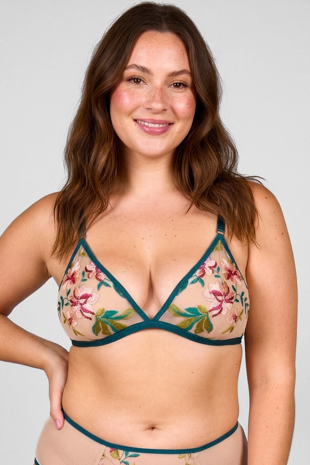 Camellia bralette with floral embroidery over the sheer cups