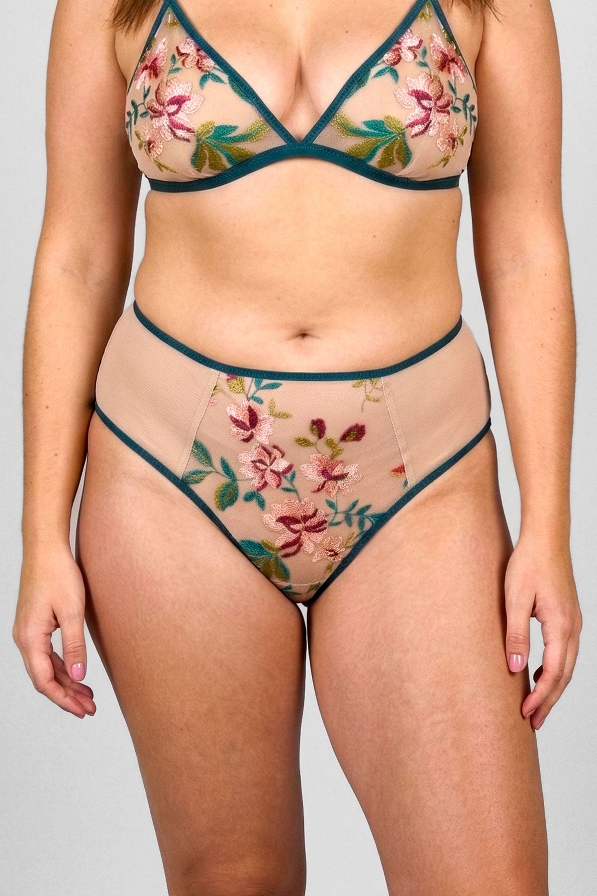 Luxury underwear set with floral high waisted briefs and tattoo effect nude mesh on size large model