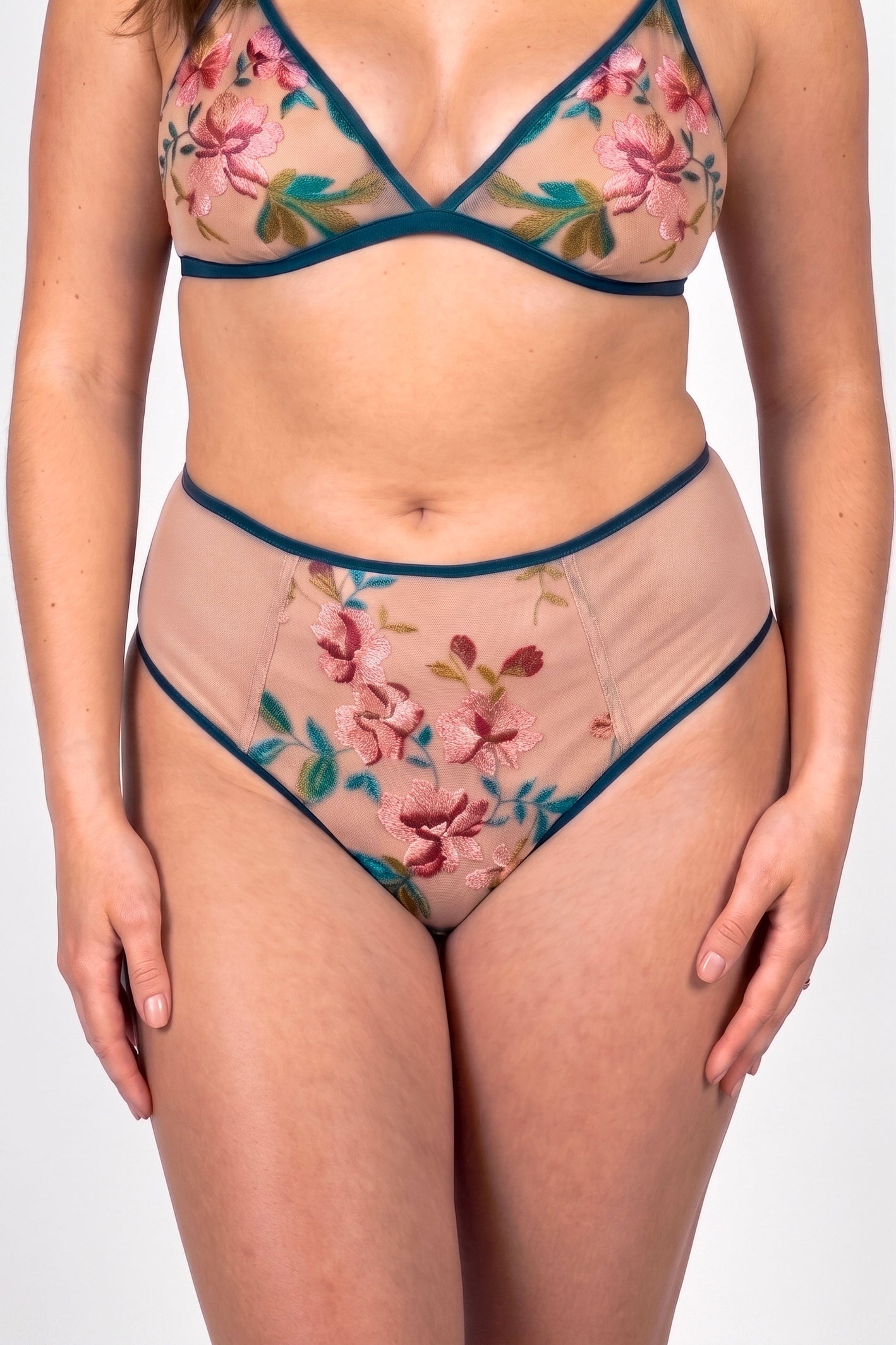 Luxury underwear set with floral high waisted briefs and tattoo effect nude mesh on size large model