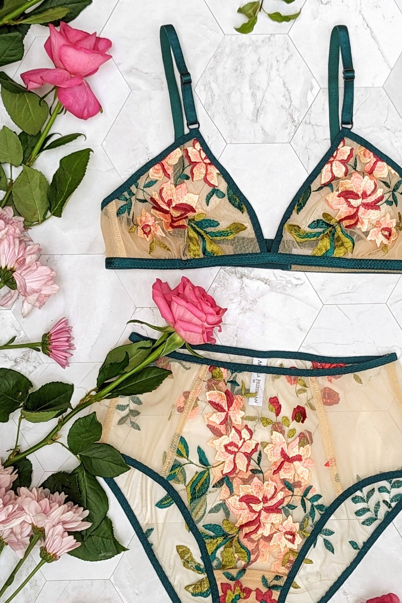 Details of the Camellia bra and briefs set with floral embroidery