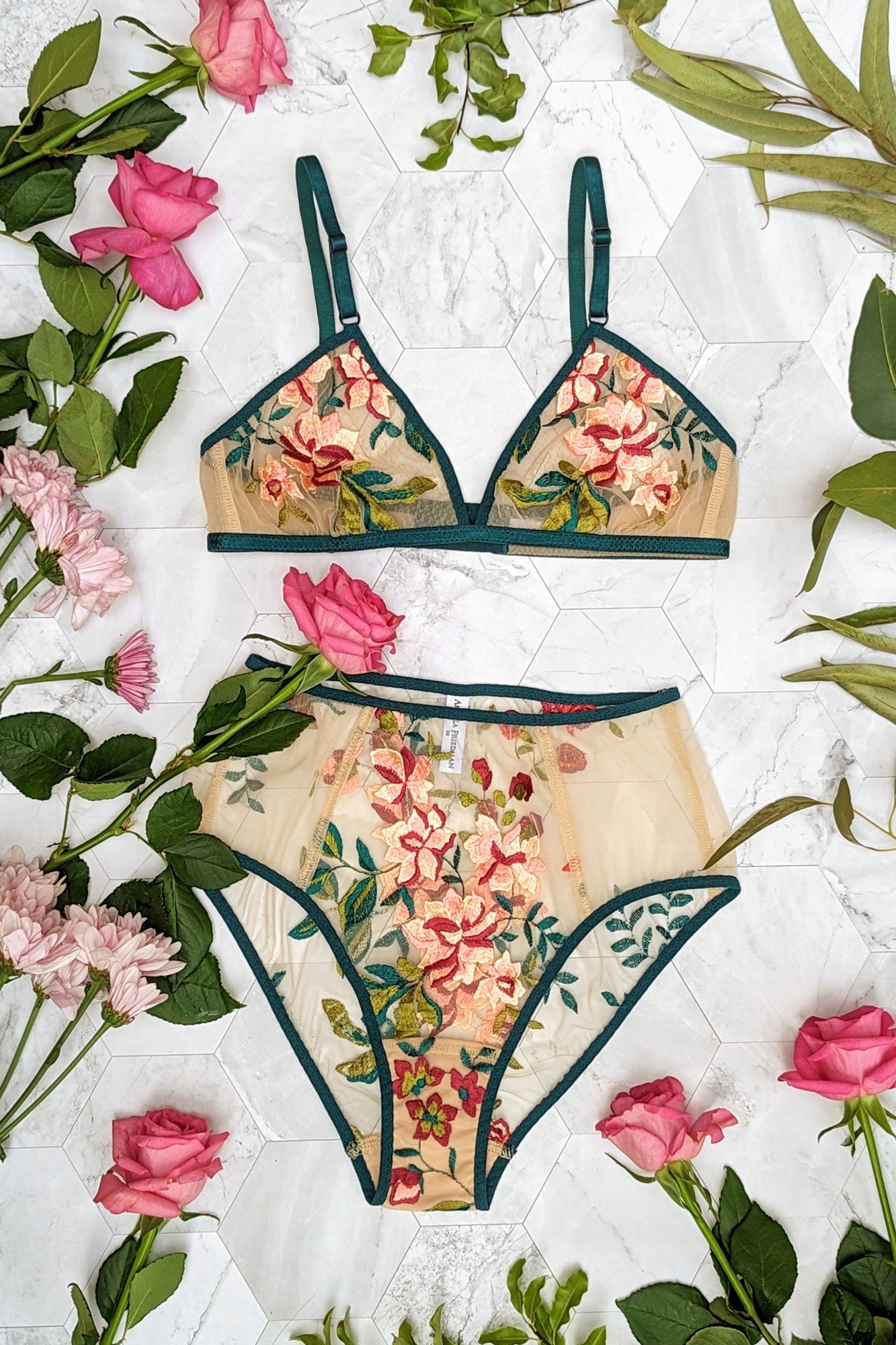 Luxury floral lingerie set with an embroidered bra and sheer panel knickers