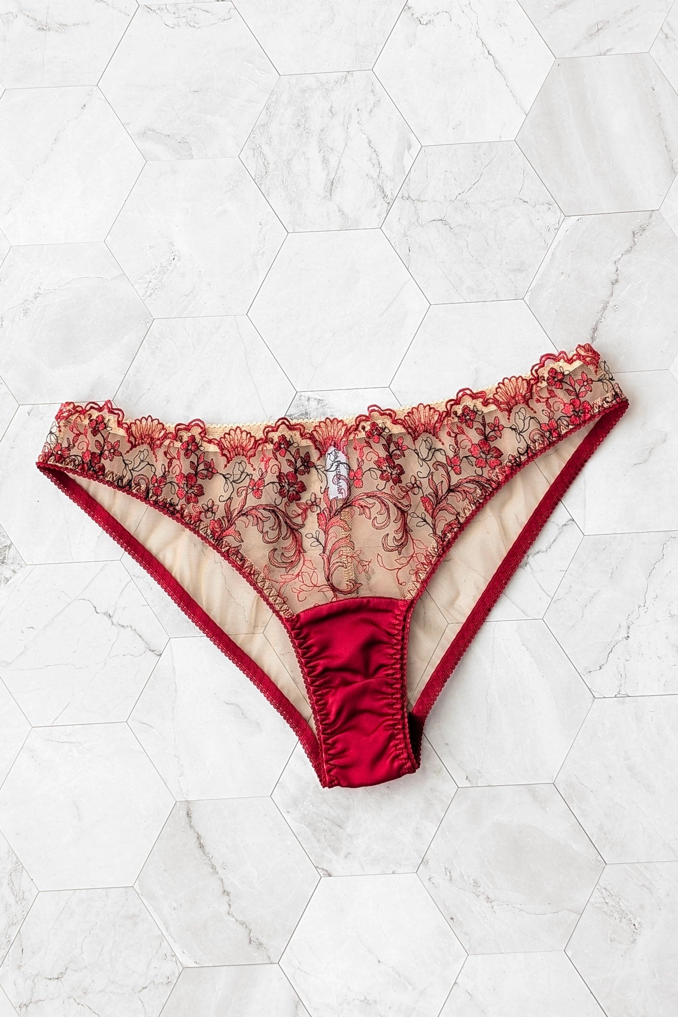 Red lace floral underwear with sheer caramel mesh and red silk satin gusset