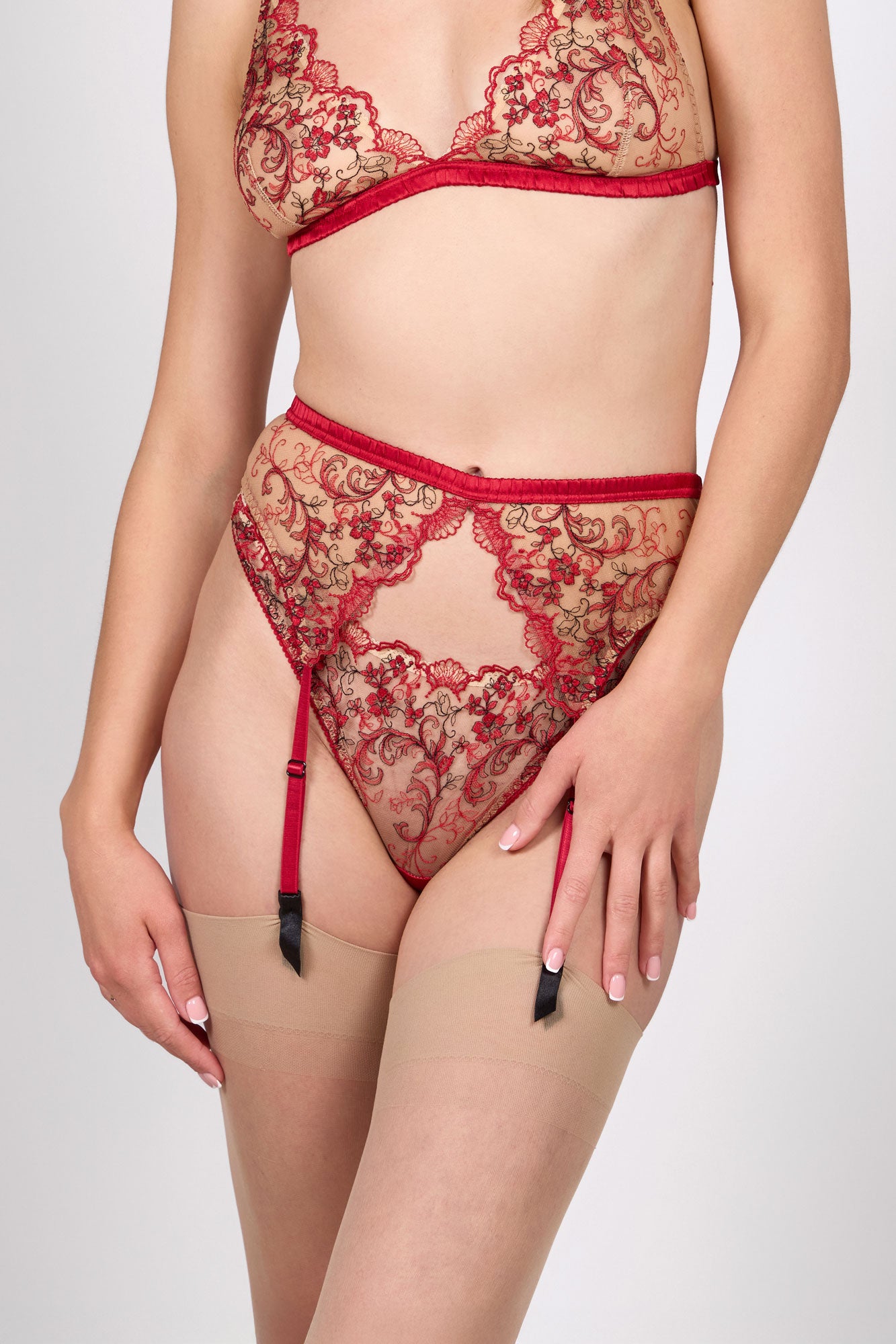 Vintage inspired red lace lingerie set with a thong, garter belt, and stockings