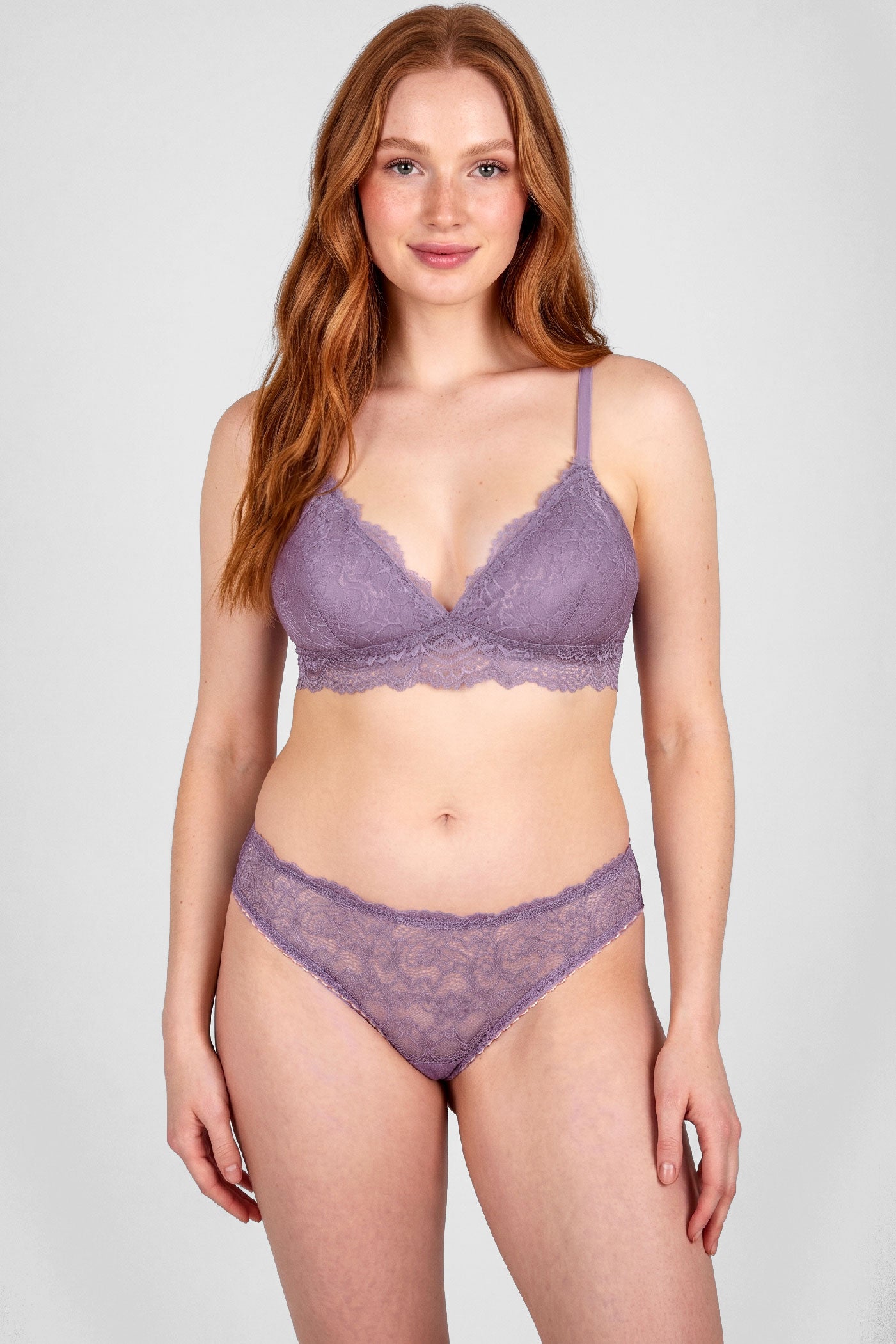 Light purple lingerie set with a triangle wireless bra and low-rise lace knickers