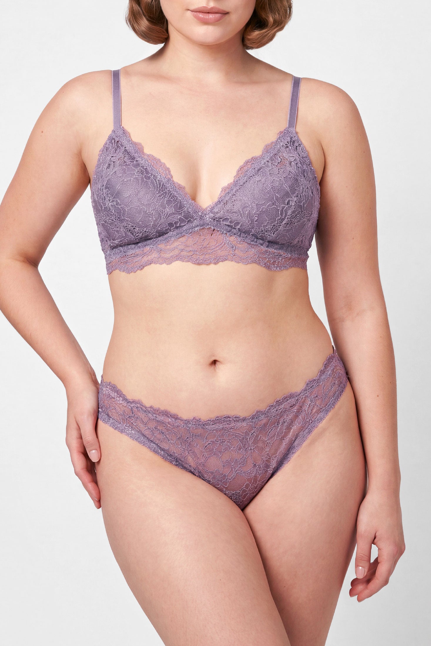 Designer lingerie set in lavender lace with real silk satin linings